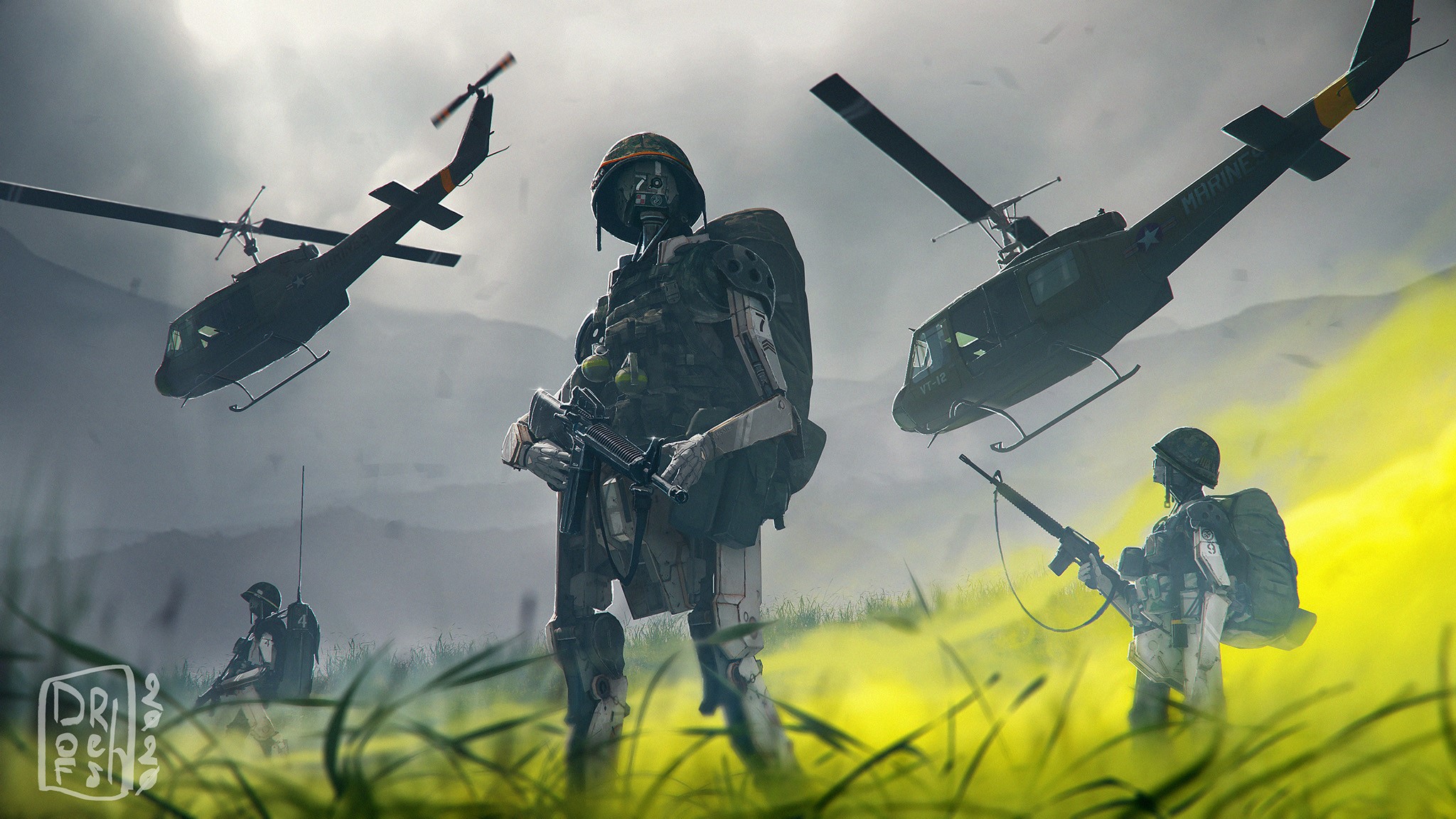 Robotic soldiers and helicopters in a jungle HD Wallpaper