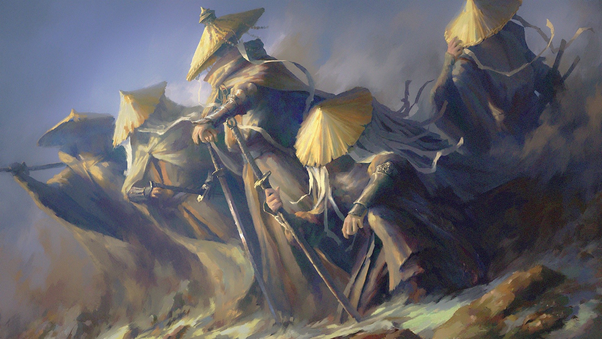 Group of warriors in conical hats with swords HD Wallpaper