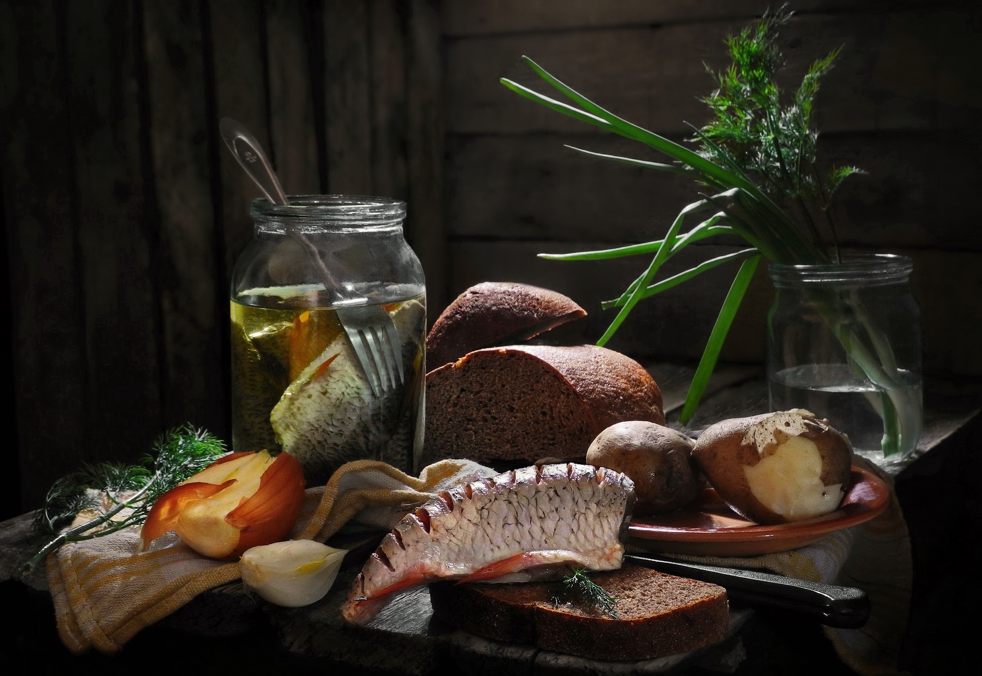 Still life with fish, bread, potatoes, and herbs HD Wallpaper
