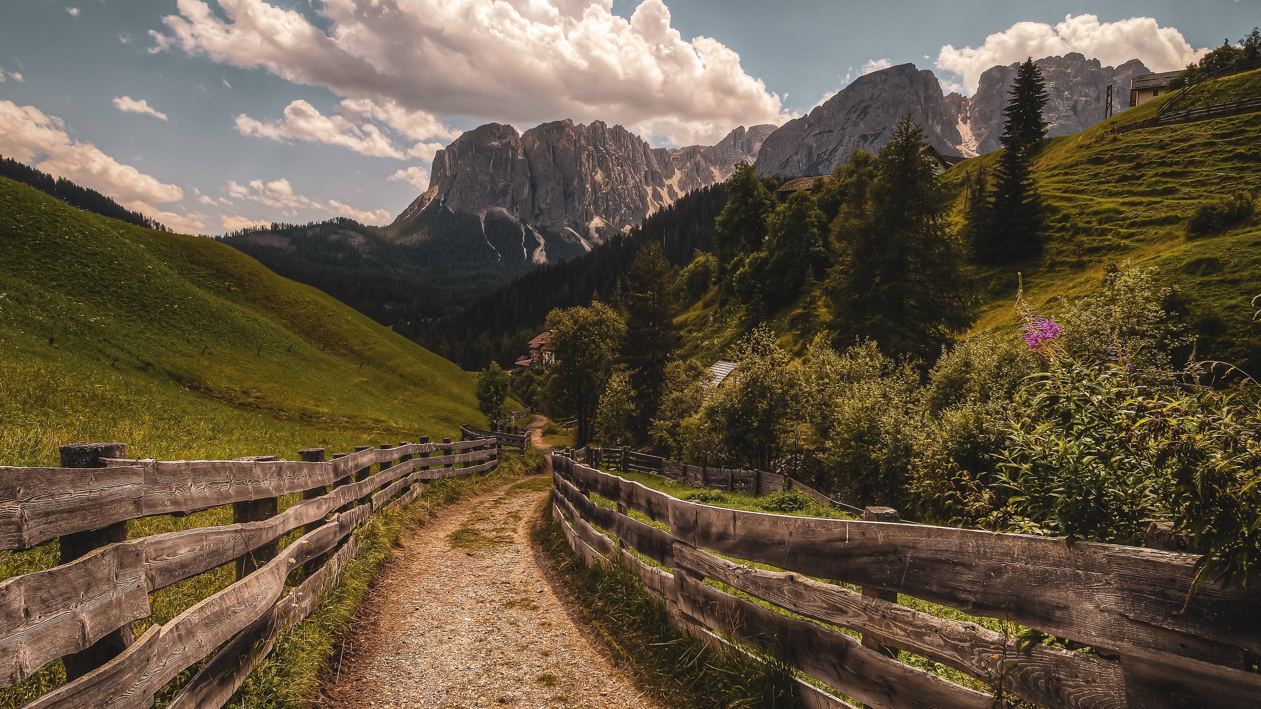 Dirt road with wooden fence and mountains HD Wallpaper
