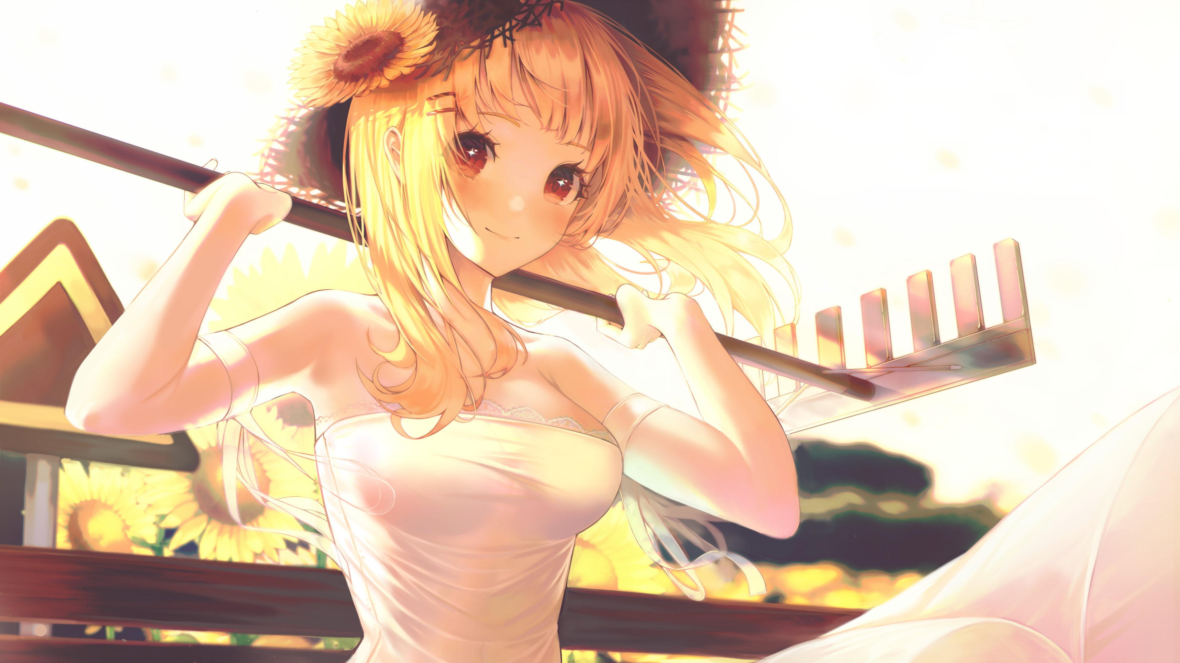 Anime girl with yellow hair and sunflowers holding a rake HD Wallpaper