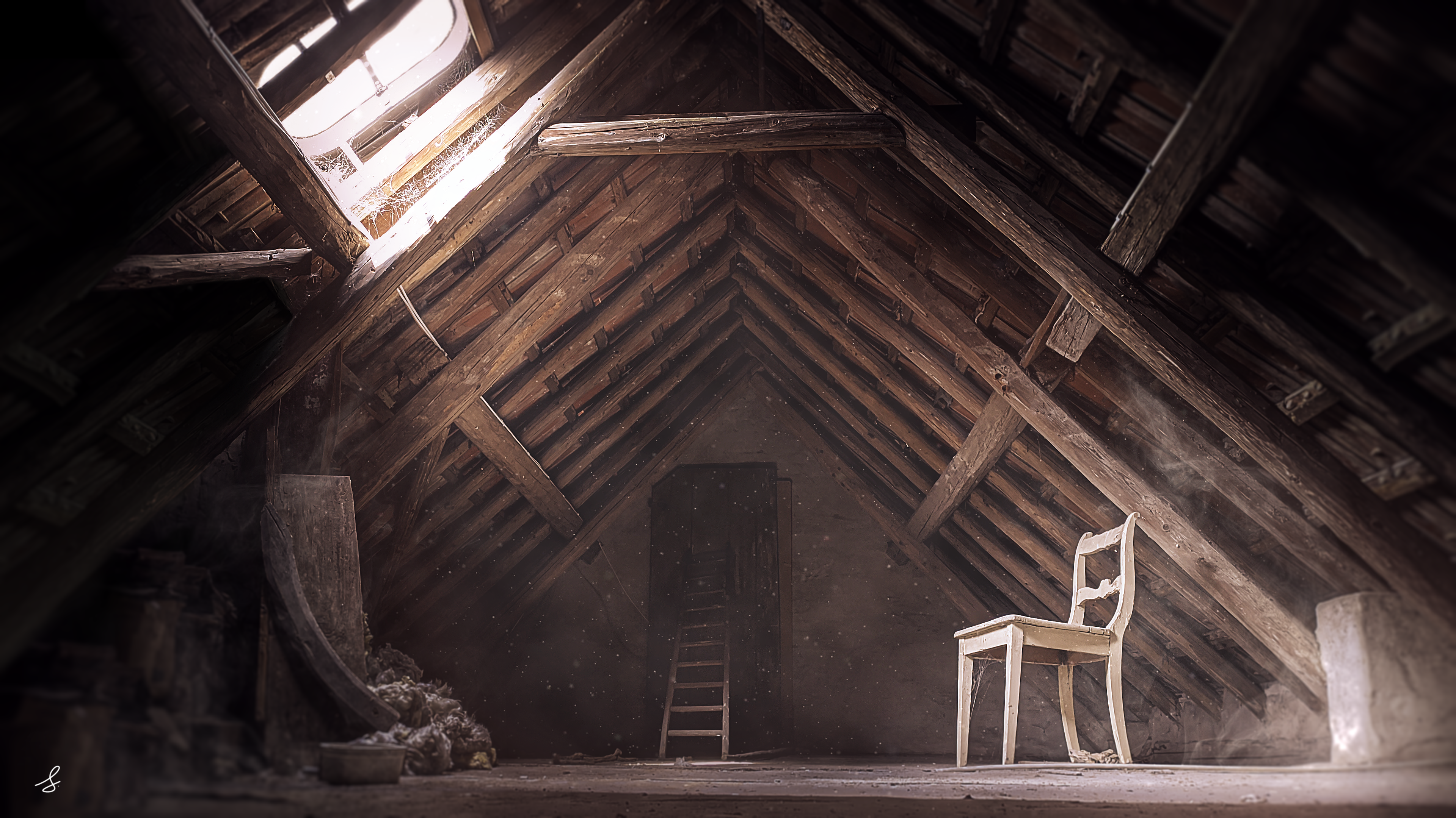 Attic with wooden beams and a chair HD Wallpaper