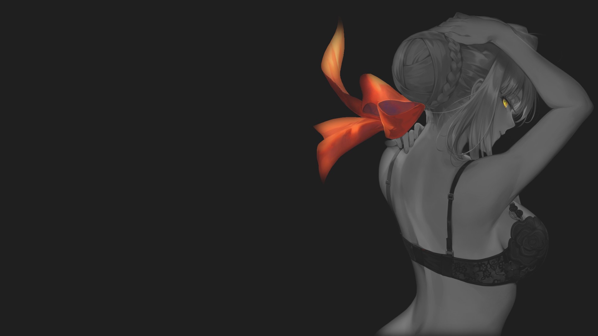 Anime girl with yellow eyes and red ribbon HD Wallpaper
