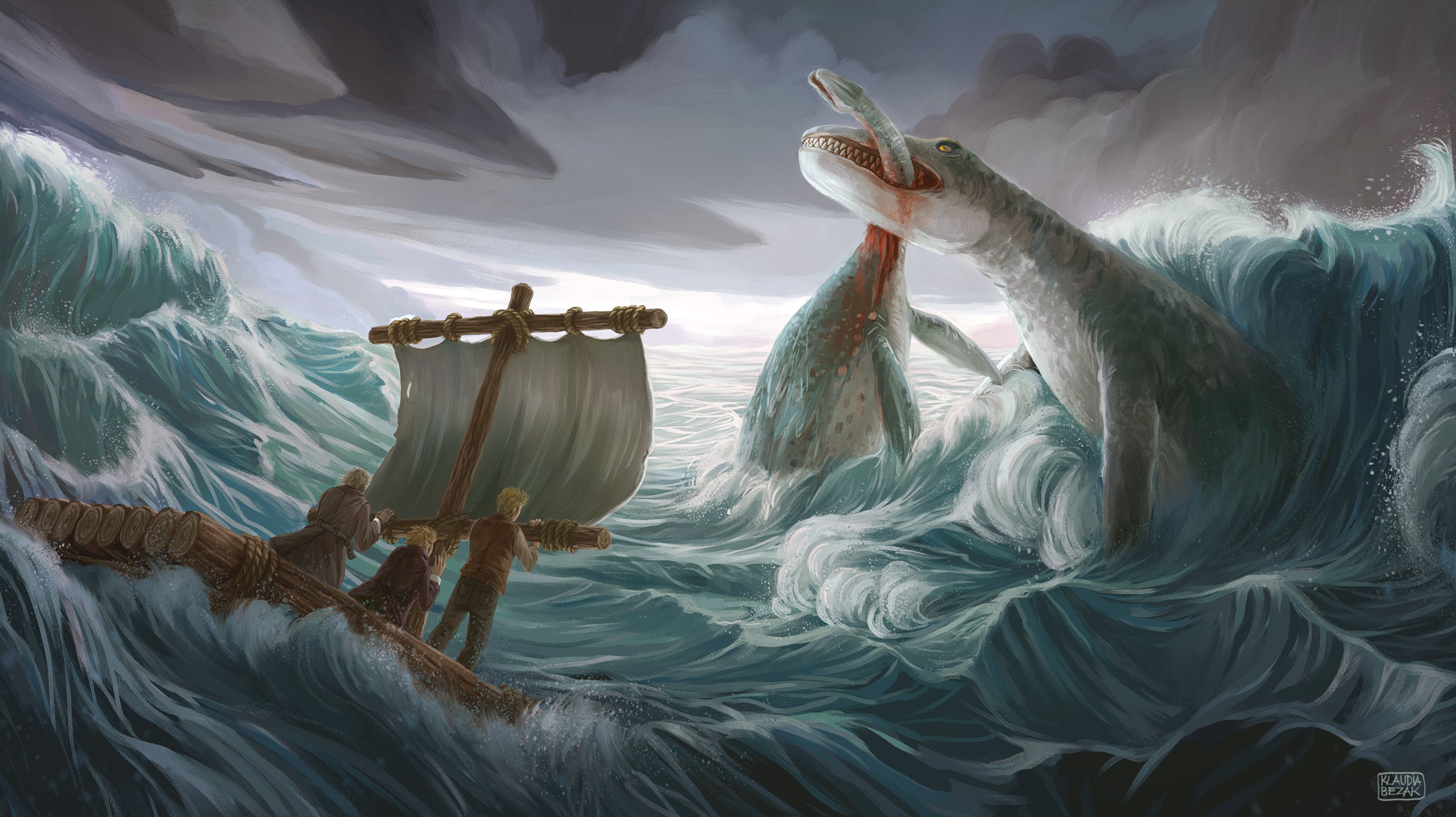 Fantasy art of sea creatures attacking a boat HD Wallpaper