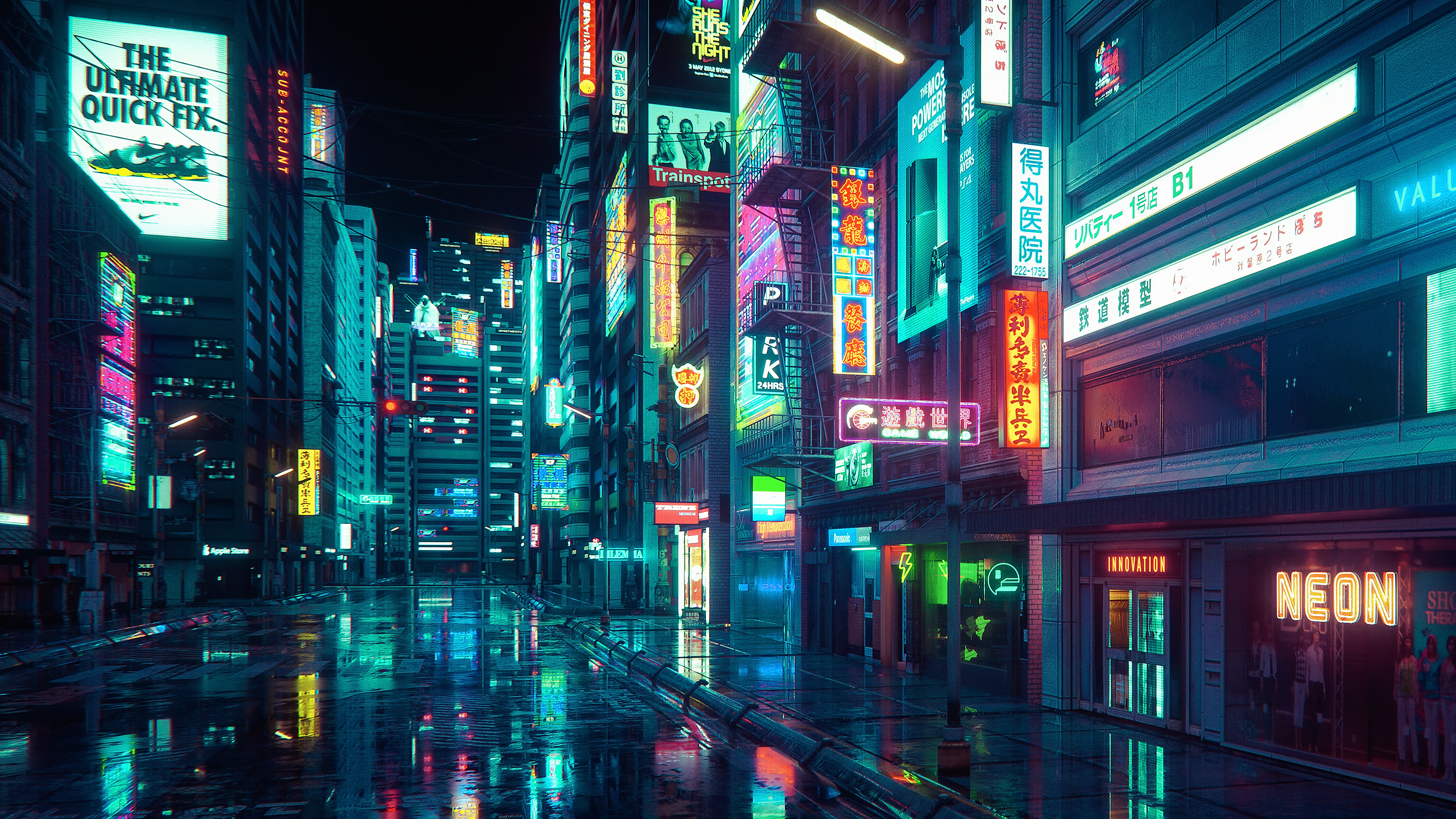 Cyberpunk city street at night with neon signs HD Wallpaper