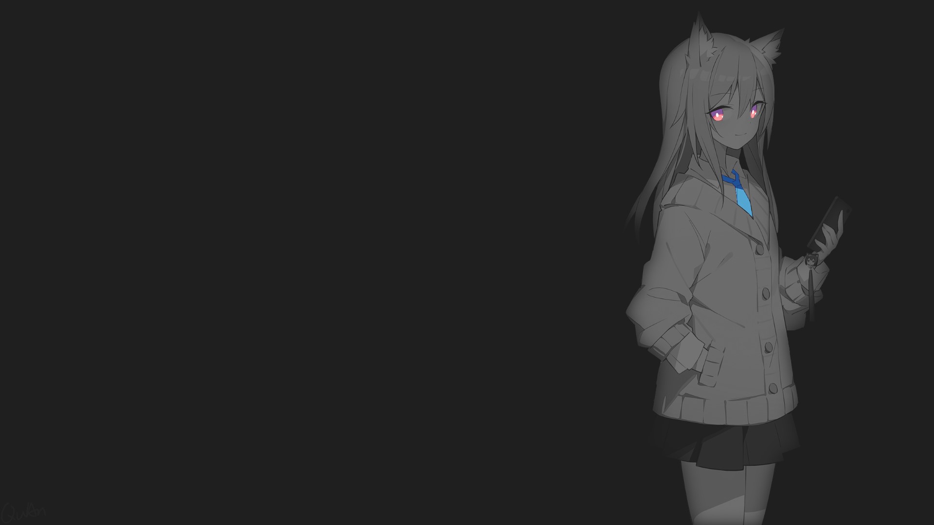 Anime girl with animal ears and pink eyes holding a phone HD Wallpaper