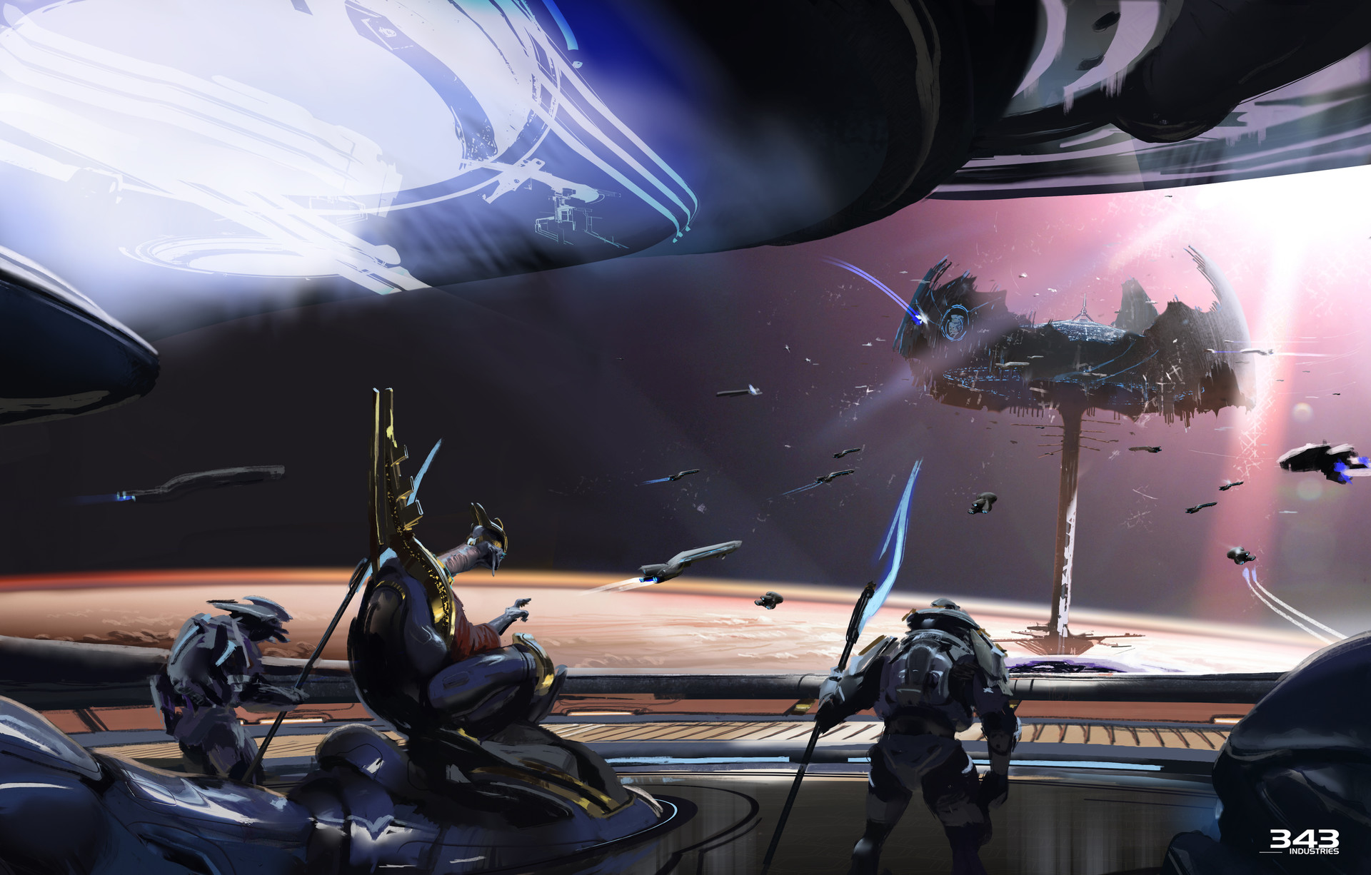 Sangheili and UNSC forces in space above a planet HD Wallpaper