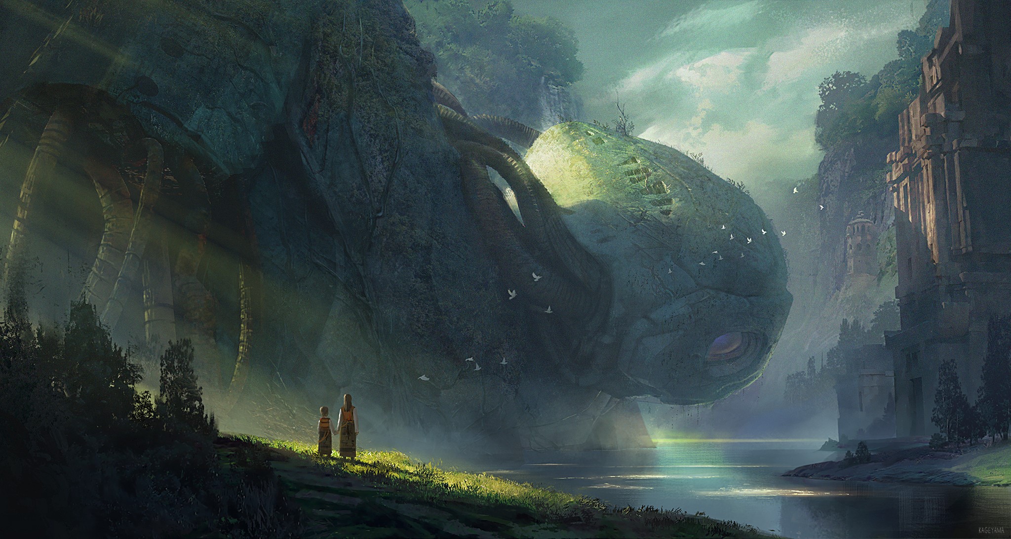 Giant ancient robot in a misty canyon with two figures HD Wallpaper