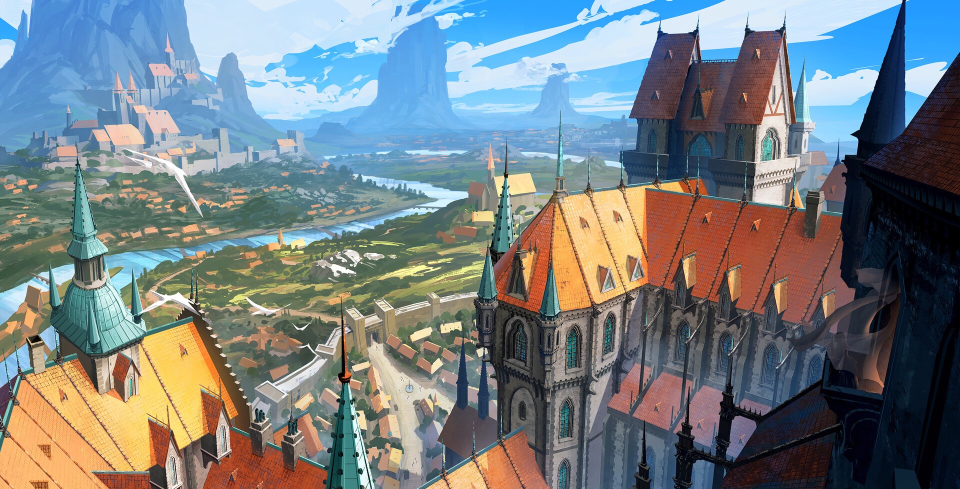 Fantasy city with river and mountains, digital artwork HD Wallpaper