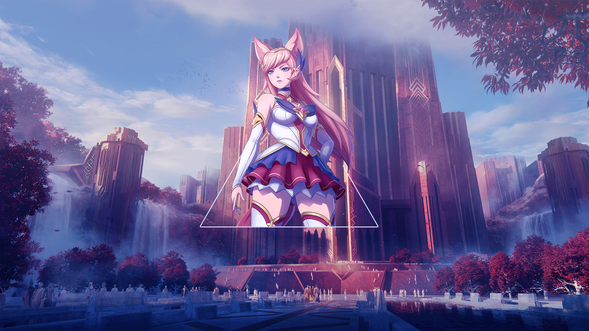 Ahri from League of Legends in a fantasy city HD Wallpaper