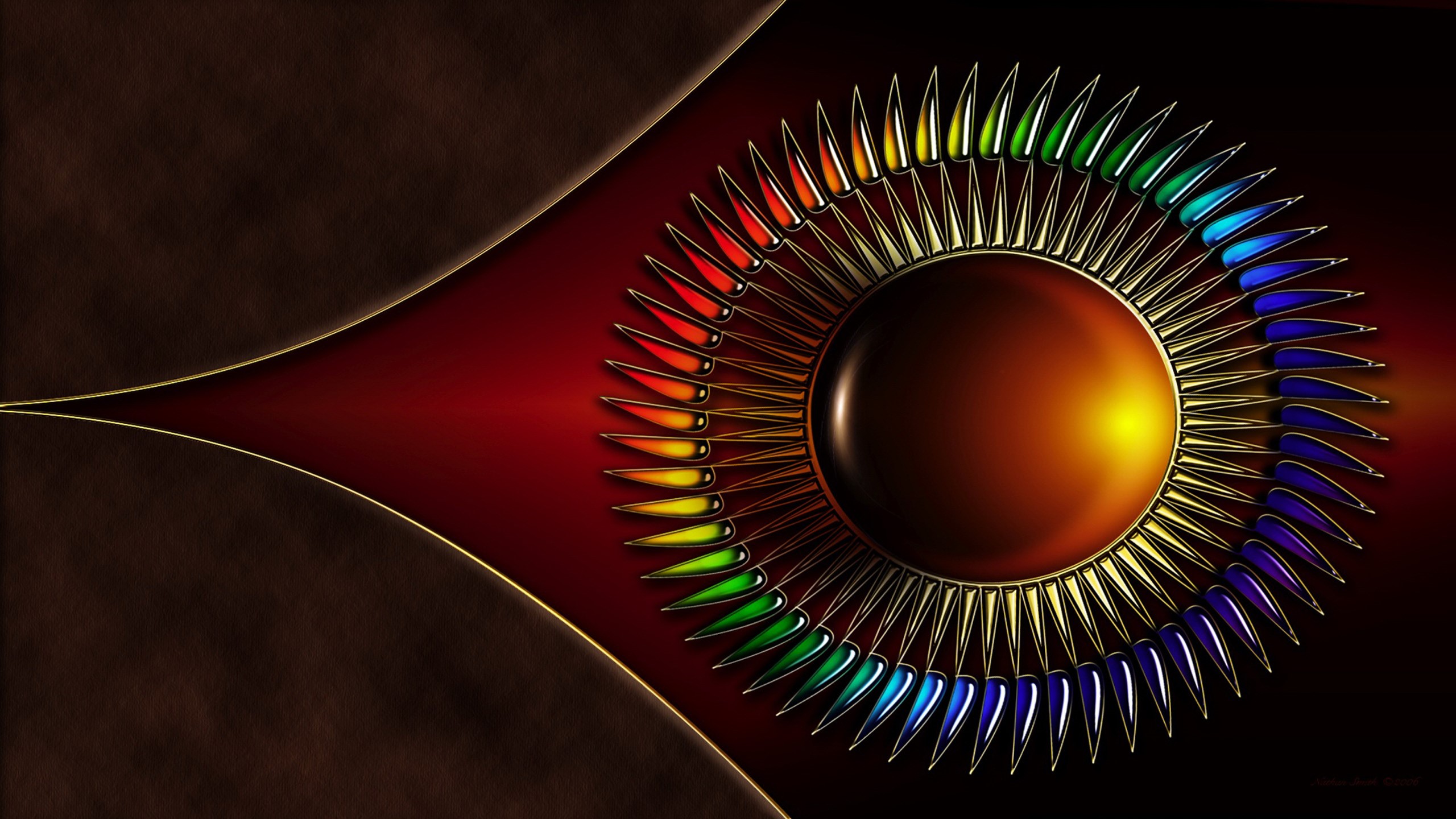Abstract sun-like digital art with rainbow petals HD Wallpaper