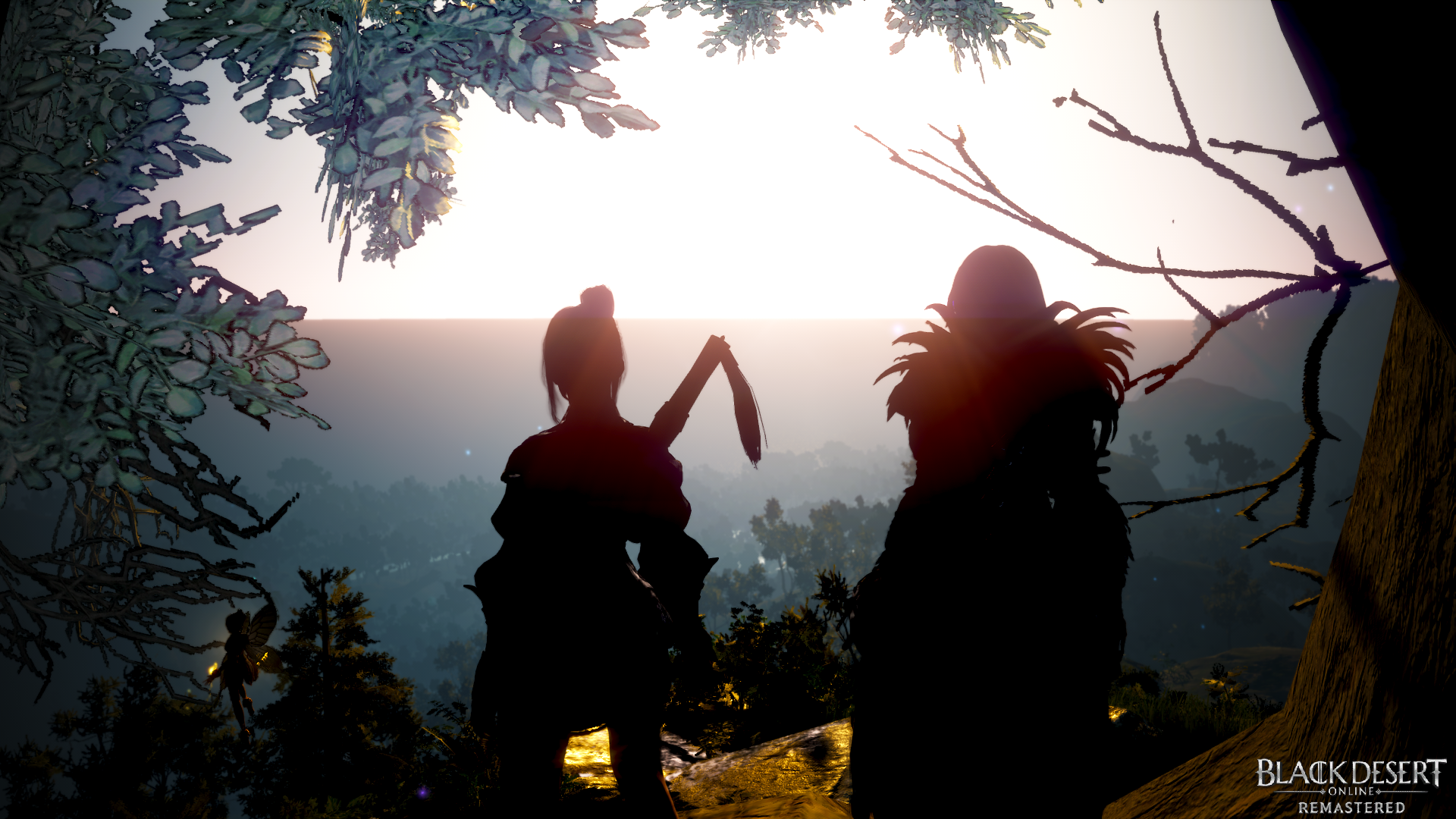Two characters in Black Desert Online overlooking a landscape at sunset HD Wallpaper