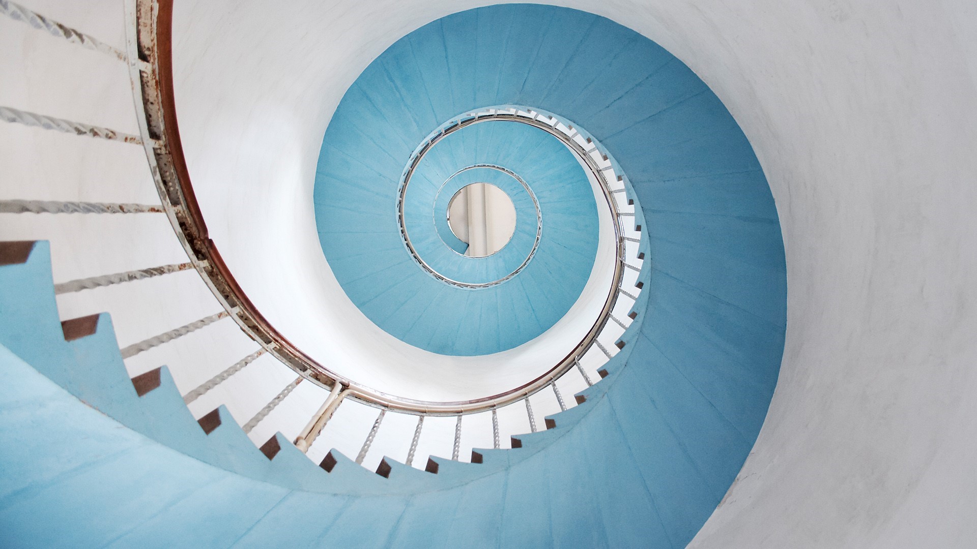 Blue spiral staircase at Lyngvig Lighthouse, Denmark HD Wallpaper
