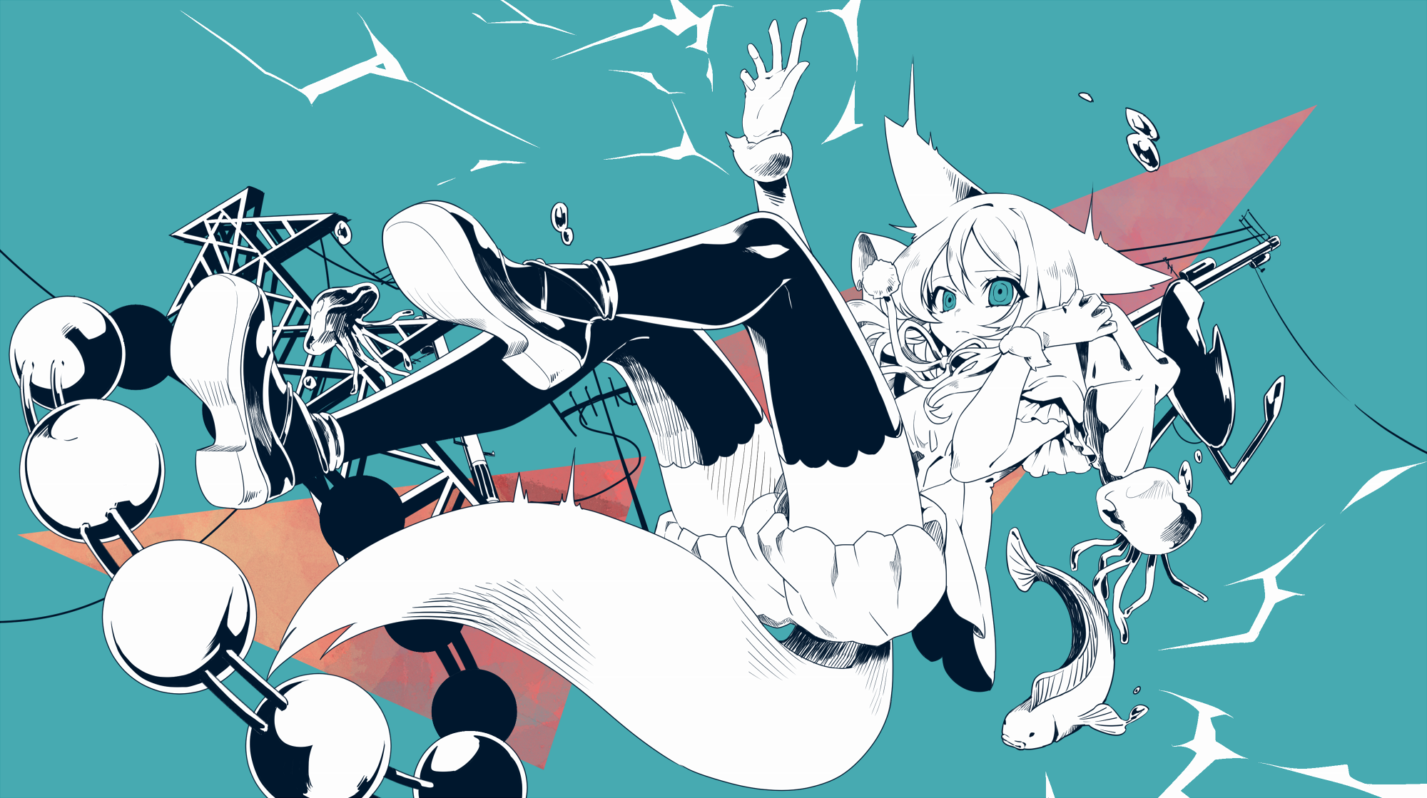 Anime girl with fox ears and tail, abstract background HD Wallpaper