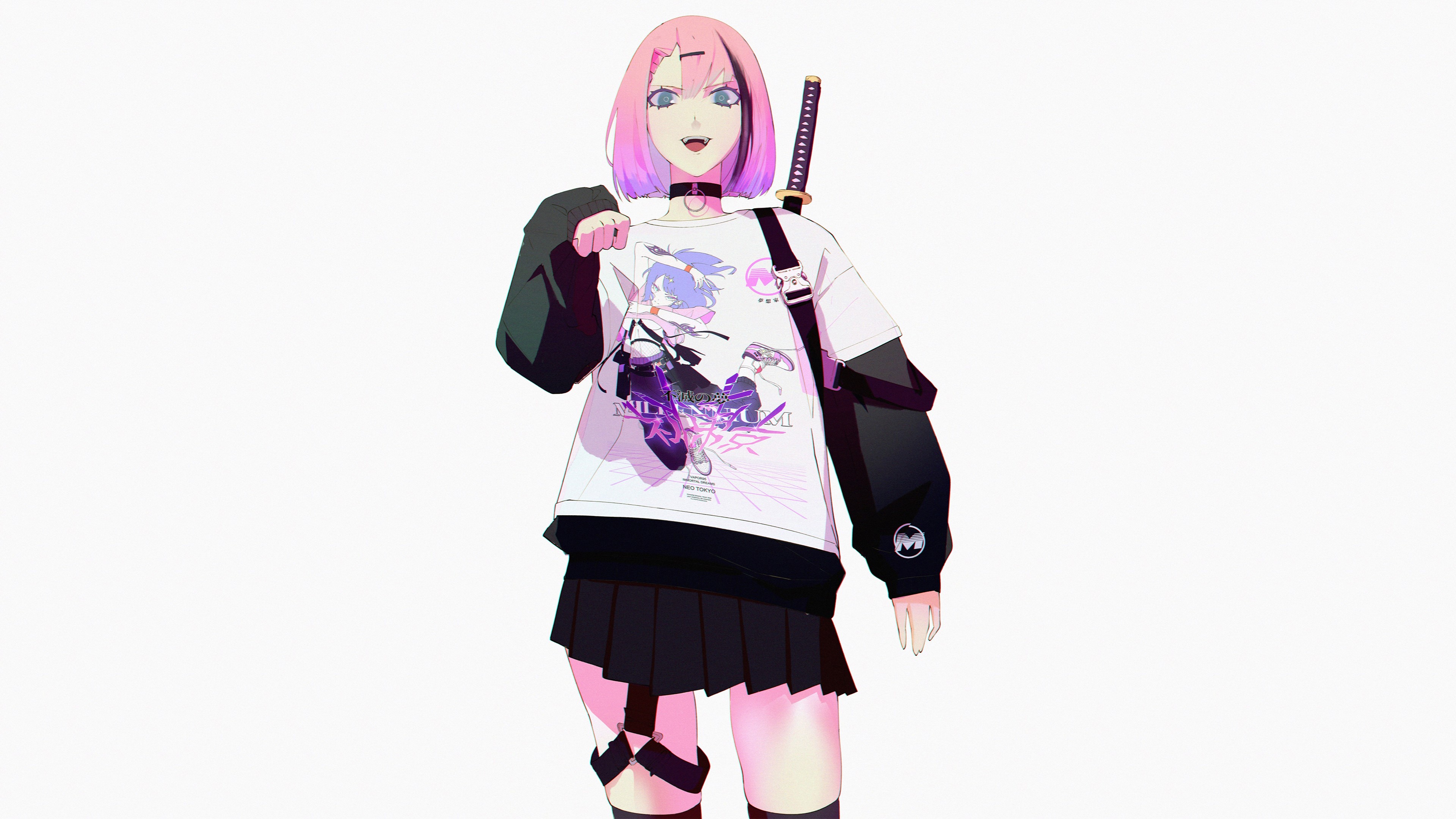 Anime girl with pink hair and sword HD Wallpaper