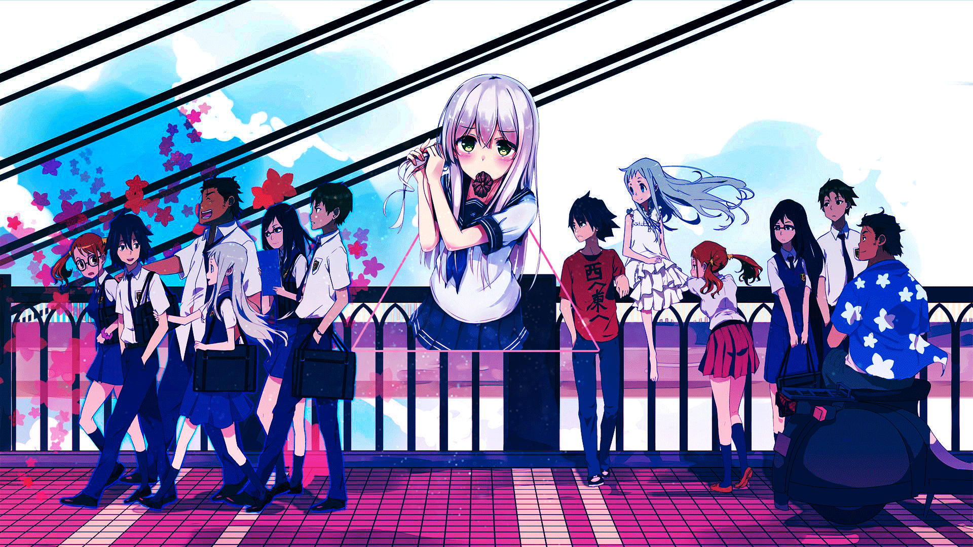 Anime characters on a bridge with cherry blossoms HD Wallpaper