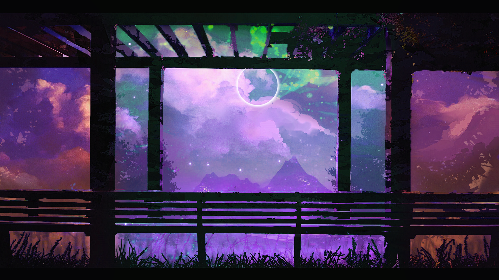 Digital art of a purple galaxy landscape with mountains and clouds HD Wallpaper