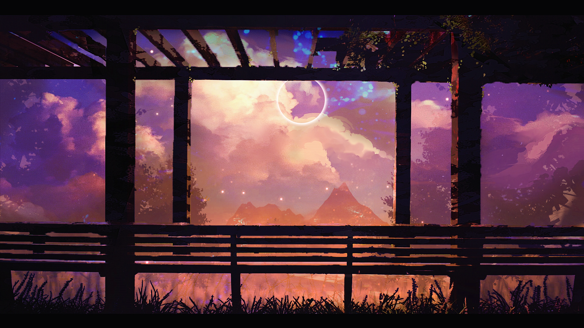 Digital art of a celestial landscape with mountains and clouds HD Wallpaper