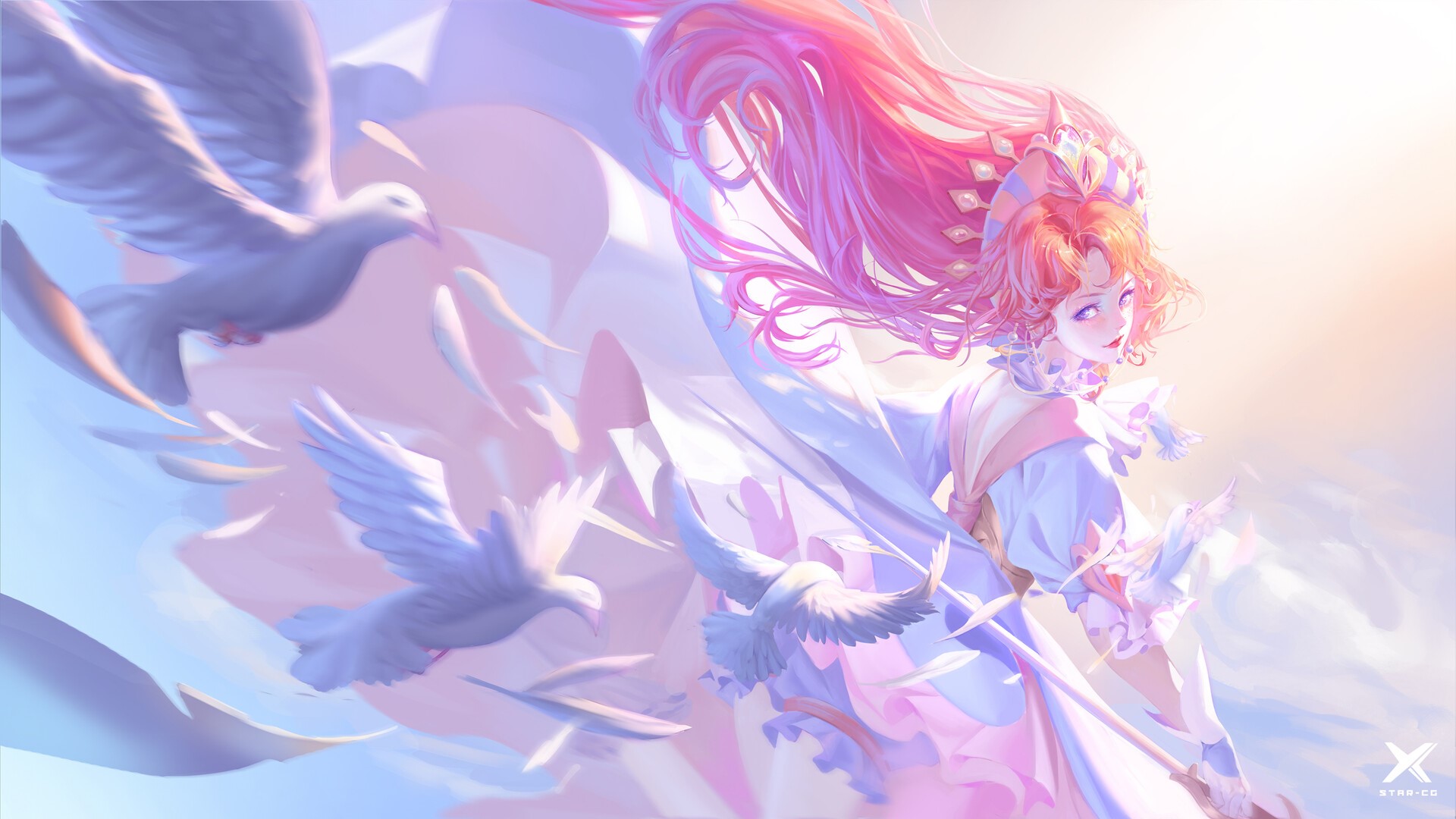 Anime girl with pink hair and pigeons HD Wallpaper