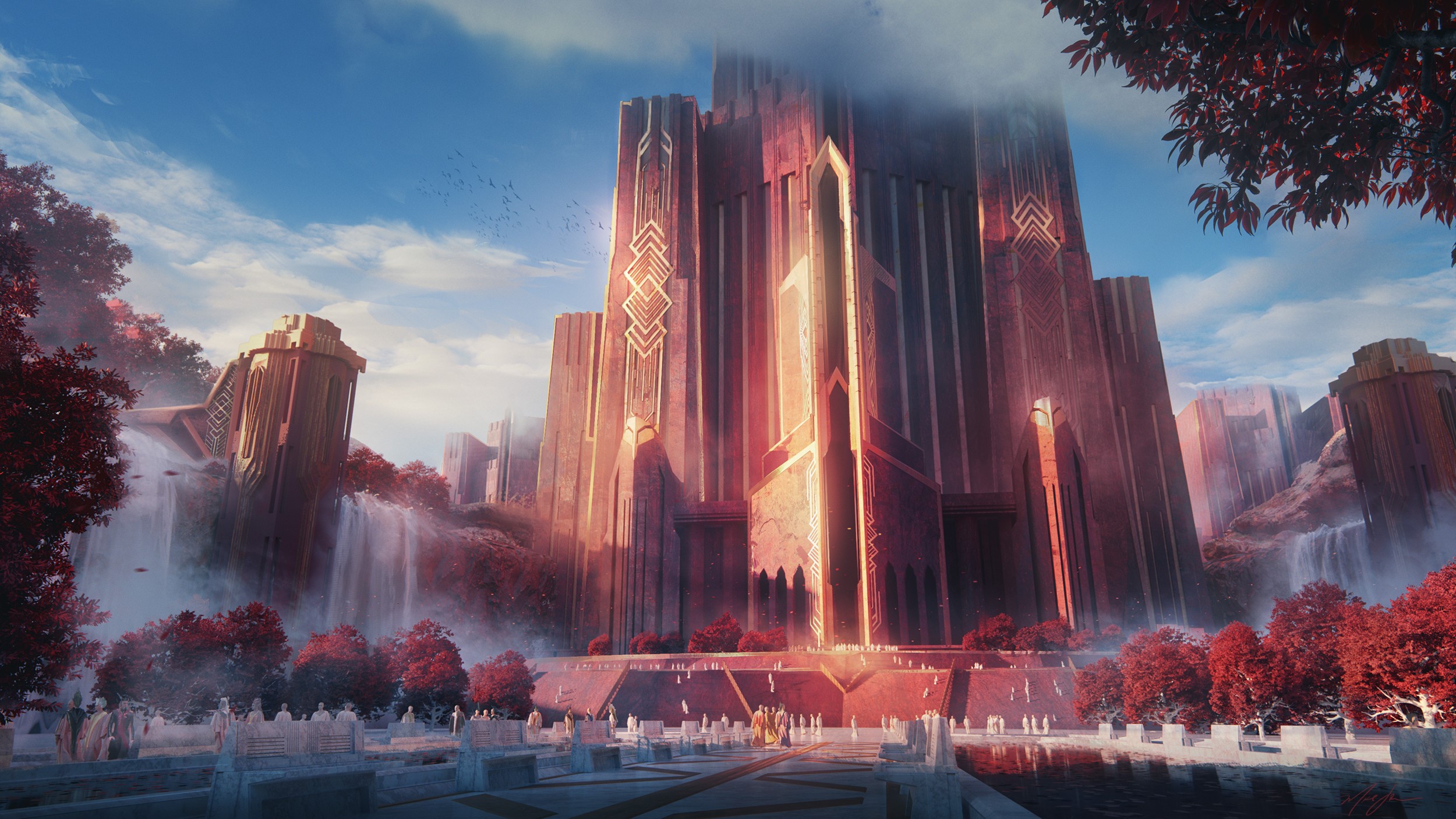 Fantasy palace with waterfalls and red trees HD Wallpaper