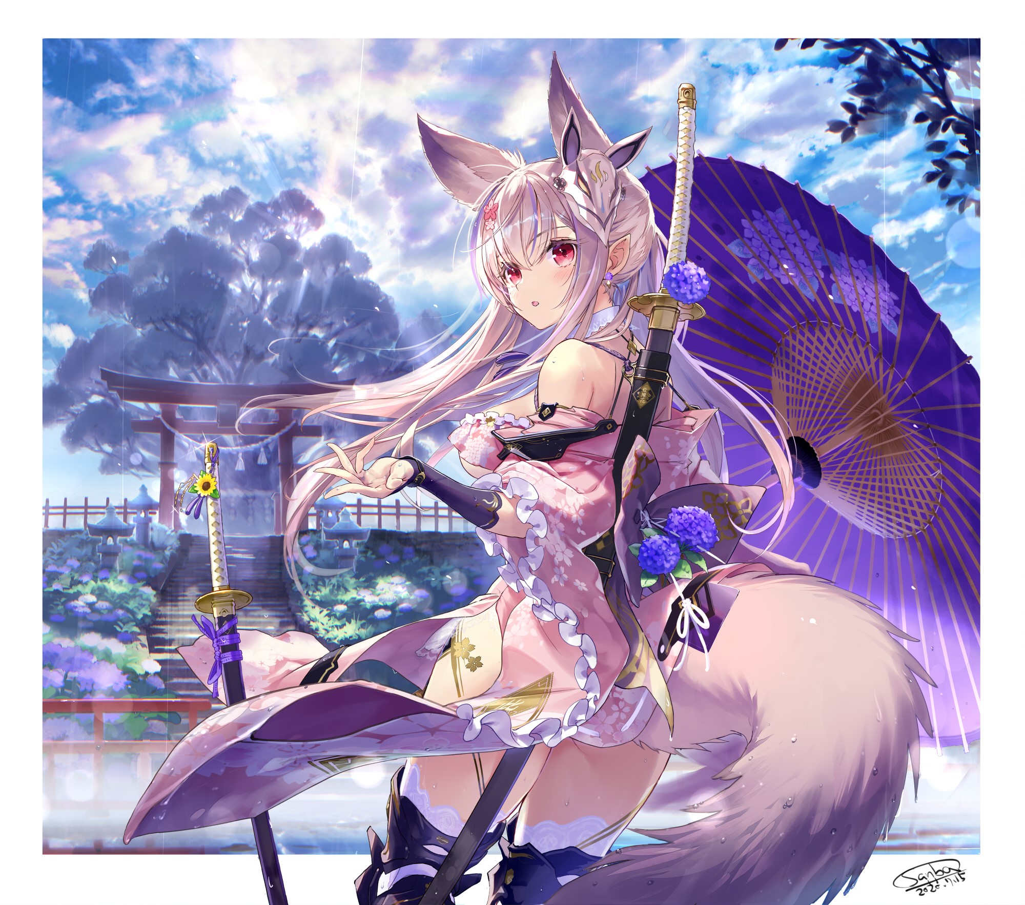 Fox Girl with Silver Hair and Katana at Torii HD Wallpaper