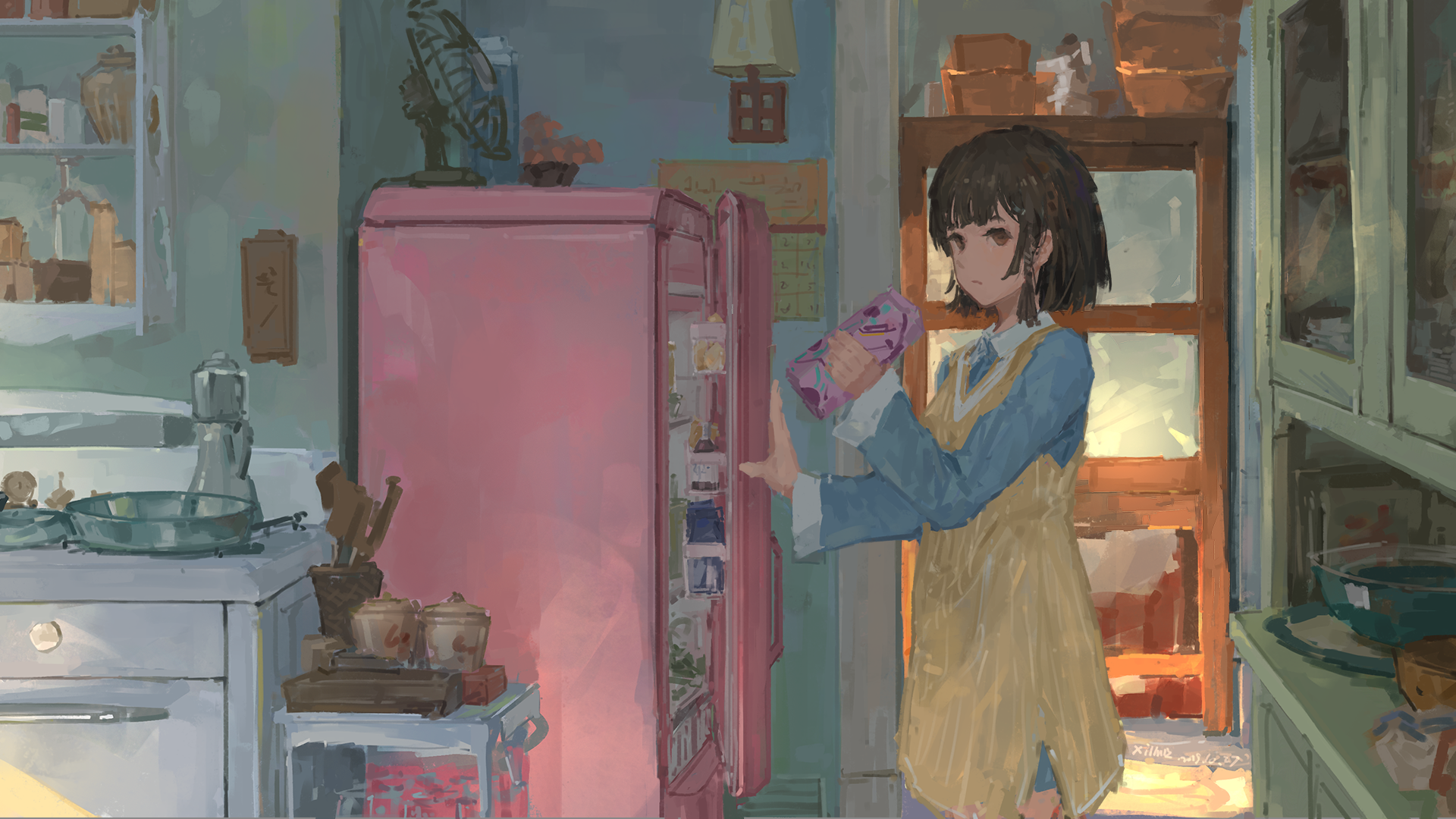 Anime girl taking food from a pink fridge in a kitchen HD Wallpaper