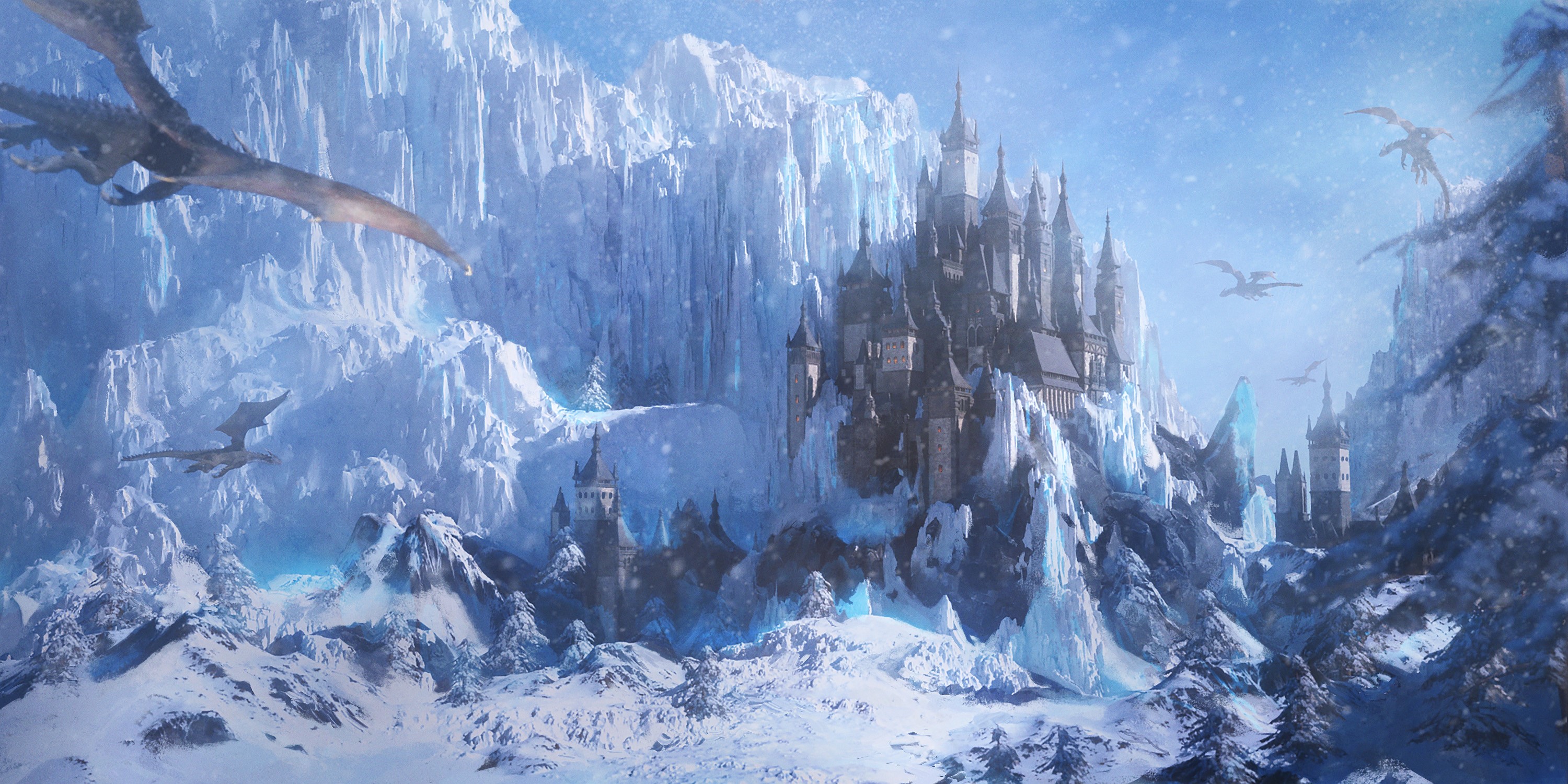 Fantasy ice castle with dragons flying in mountains HD Wallpaper