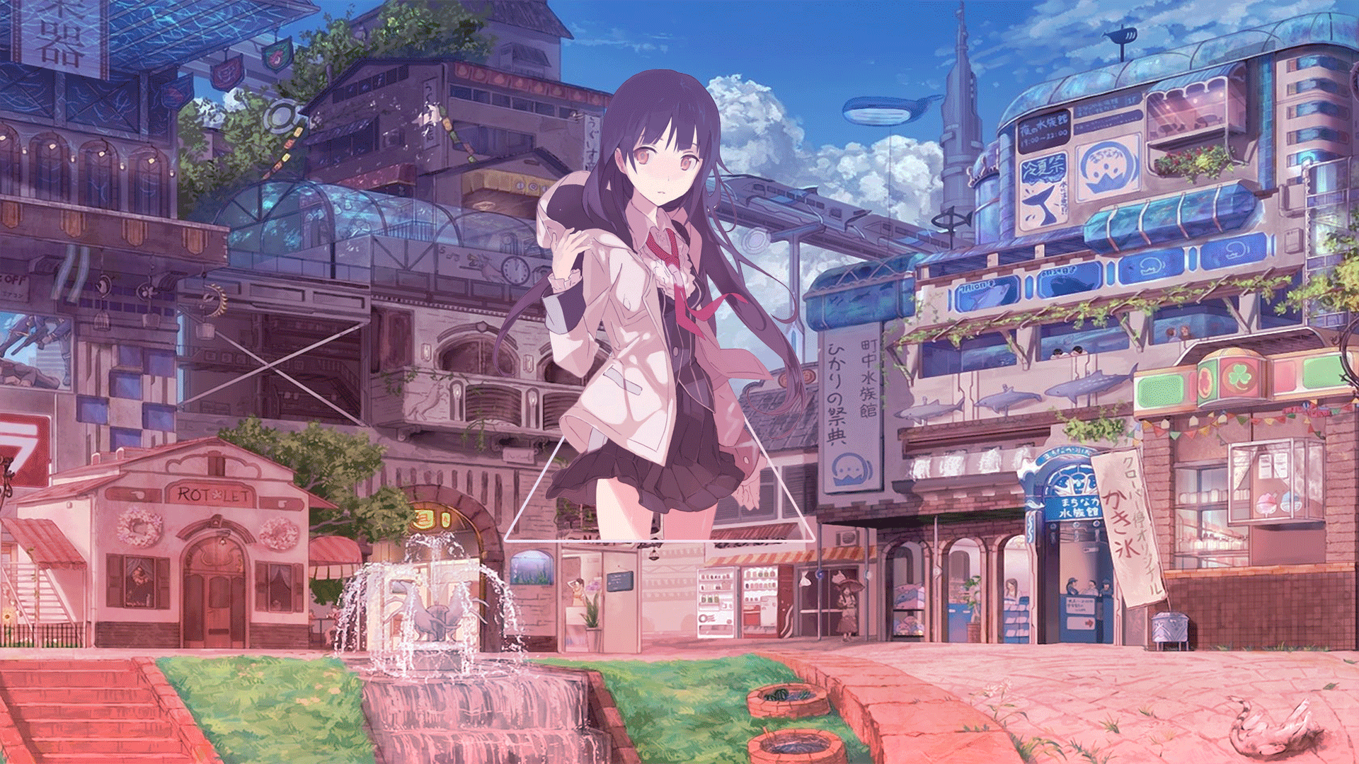 Anime girl in a futuristic city with a fountain HD Wallpaper