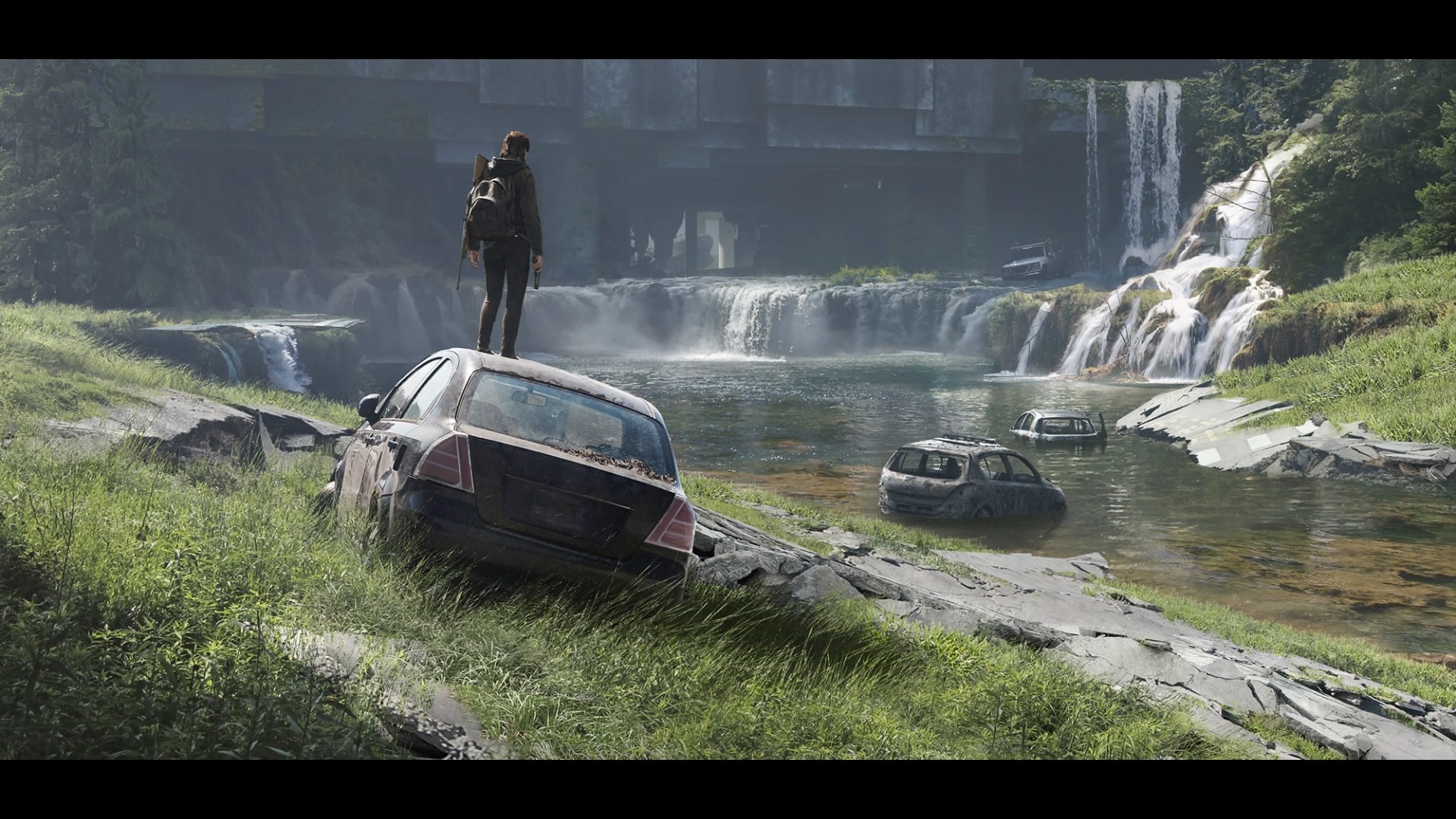 The Last of Us 2 Scenic Waterfall and Submerged Cars HD Wallpaper