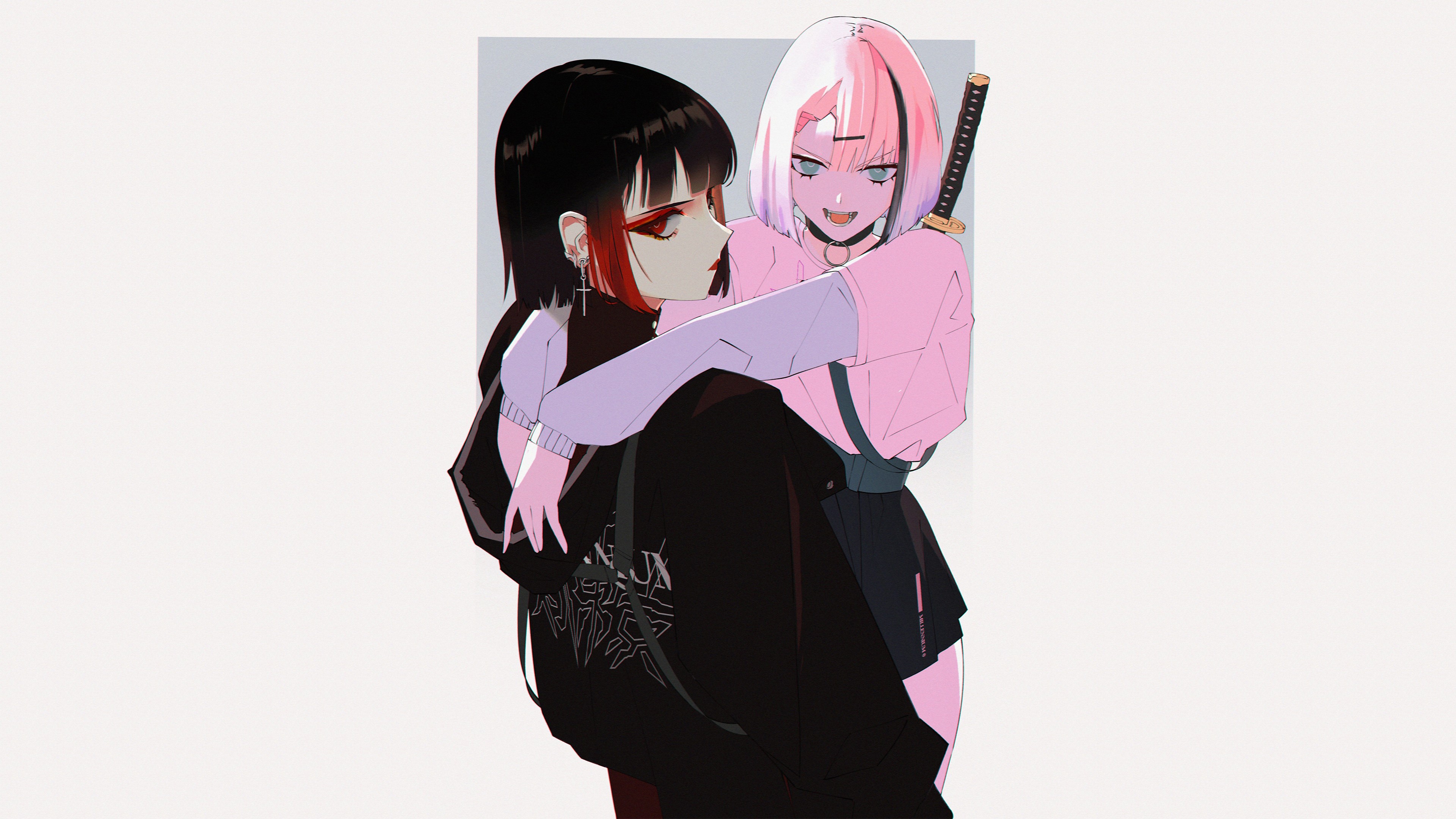 Two anime girls with sword, one with black hair and red eyes, the other with pink hair and blue eyes HD Wallpaper
