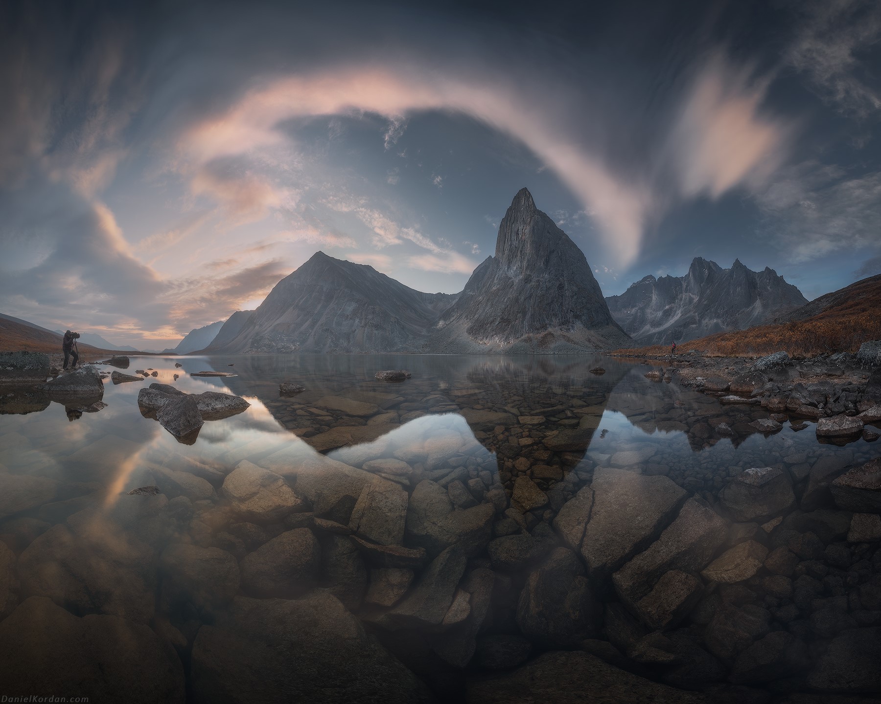 Mountain lake reflection with photographer, Yukon HD Wallpaper
