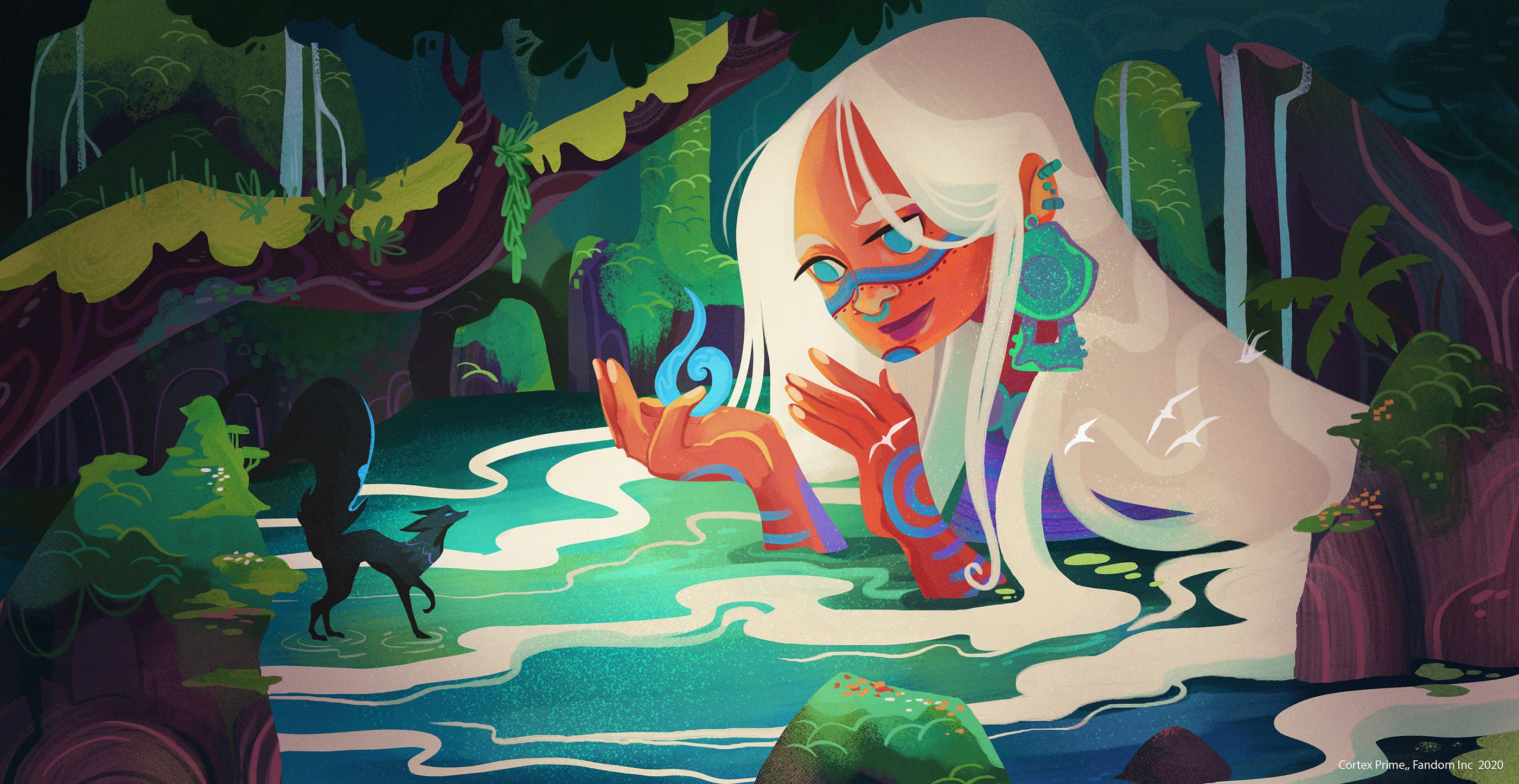 Woman with white hair and blue markings in a river HD Wallpaper
