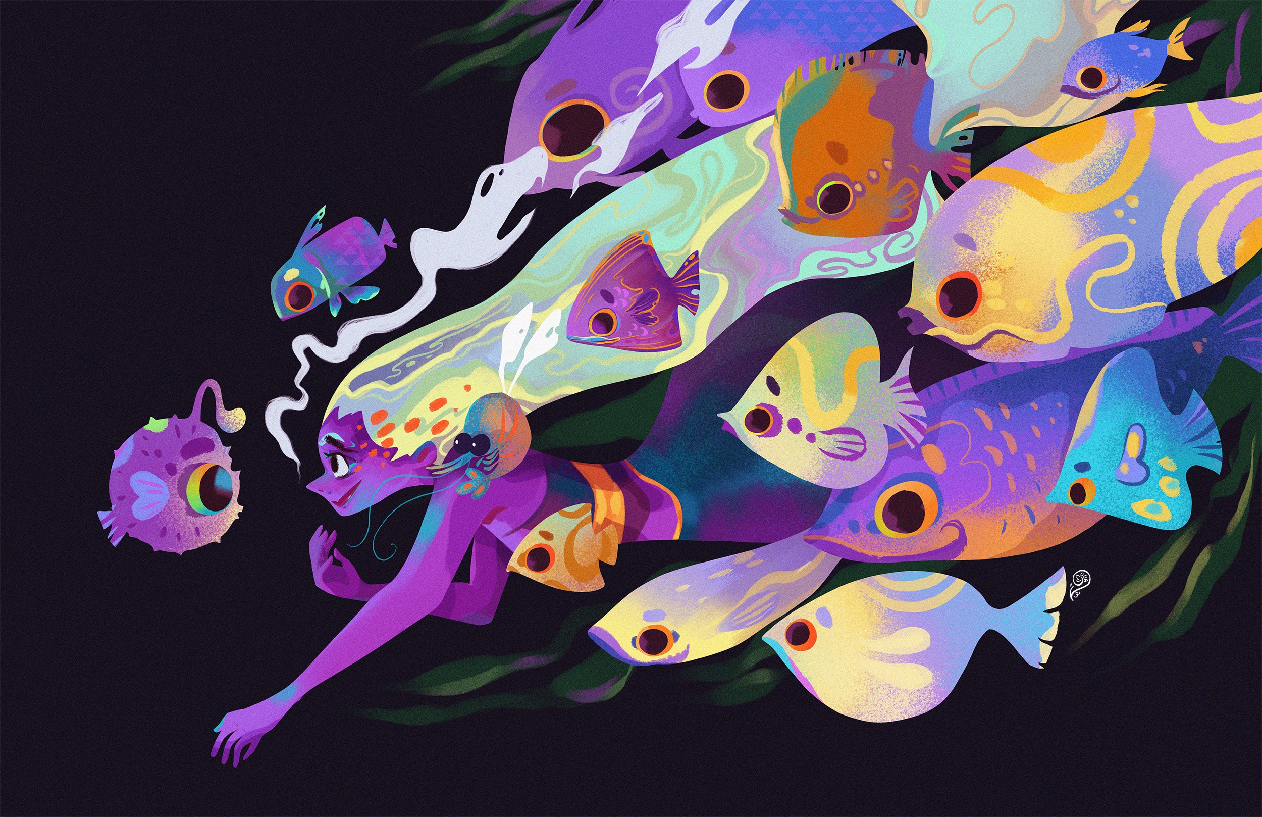 Mermaid with colorful fish in the sea by Vanessa Morales HD Wallpaper