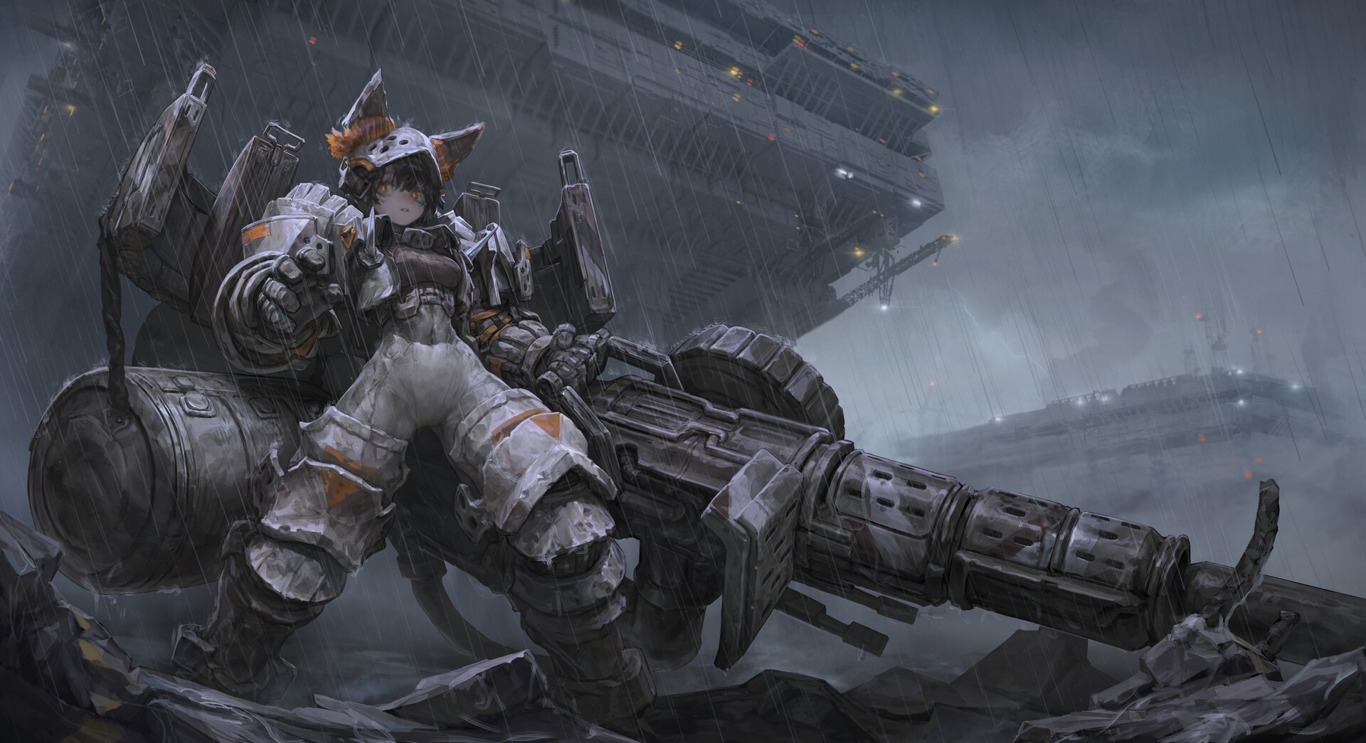 Anime girl with fox ears and a large weapon in the rain HD Wallpaper