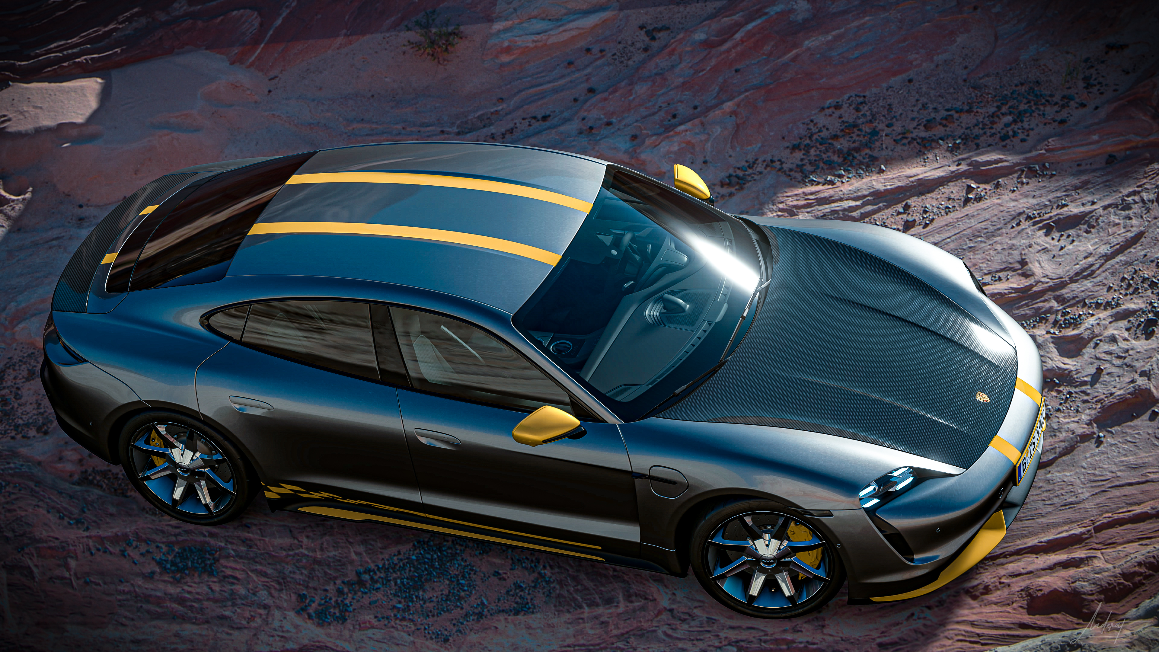 Gray Porsche Taycan with yellow stripes in a canyon HD Wallpaper