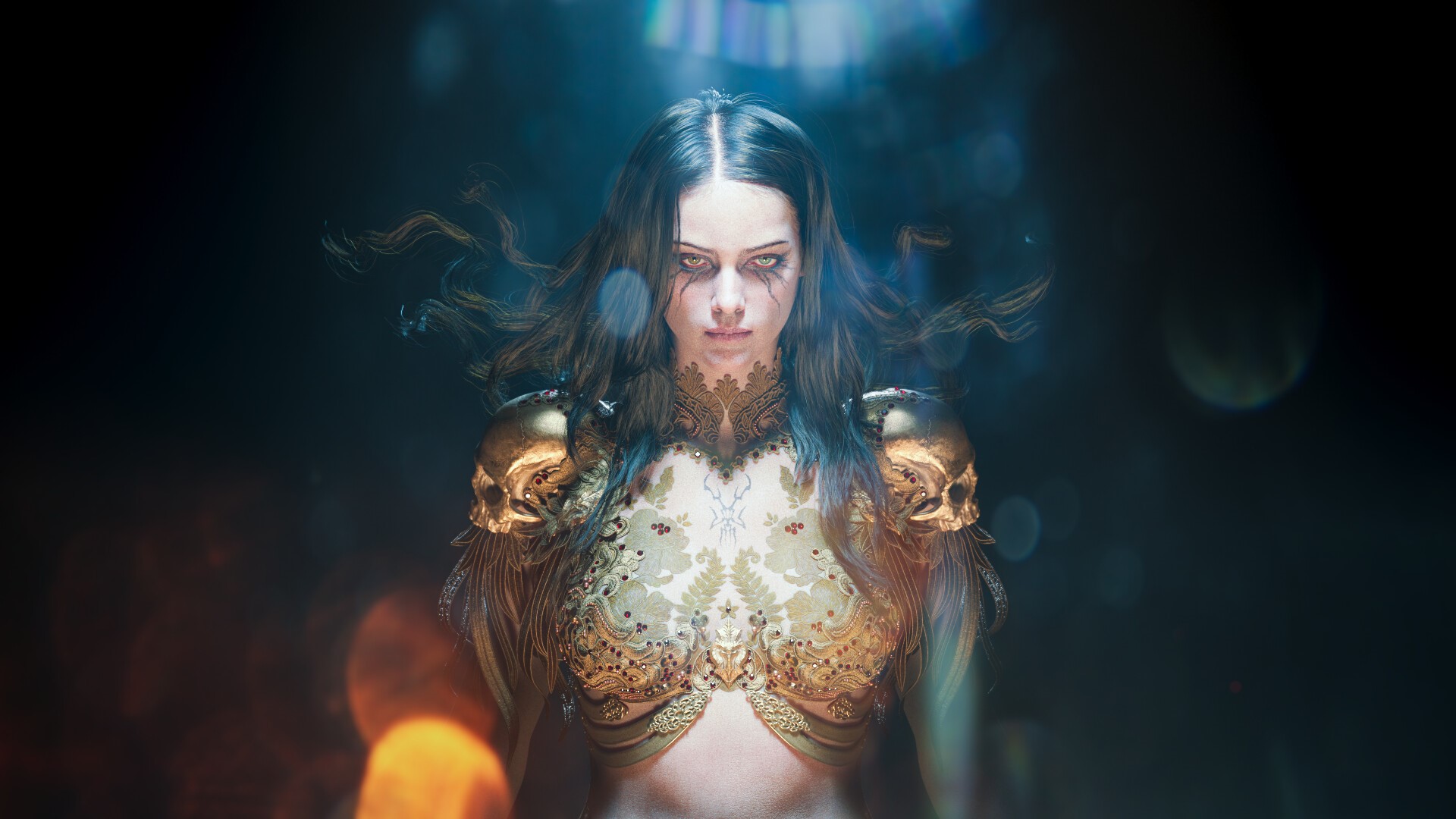 Fantasy woman with skull pauldrons and ornate armor HD Wallpaper