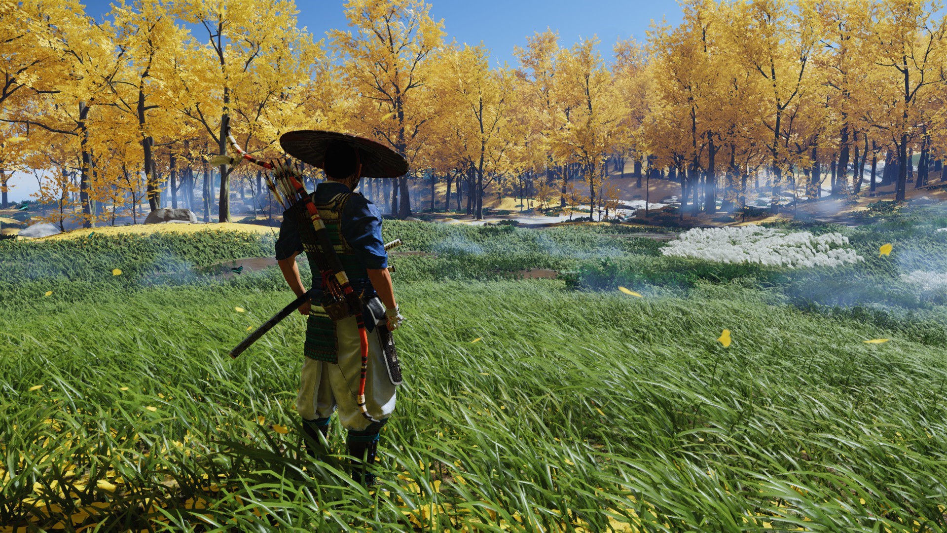 Samurai with bow and katana in Ghost of Tsushima field HD Wallpaper