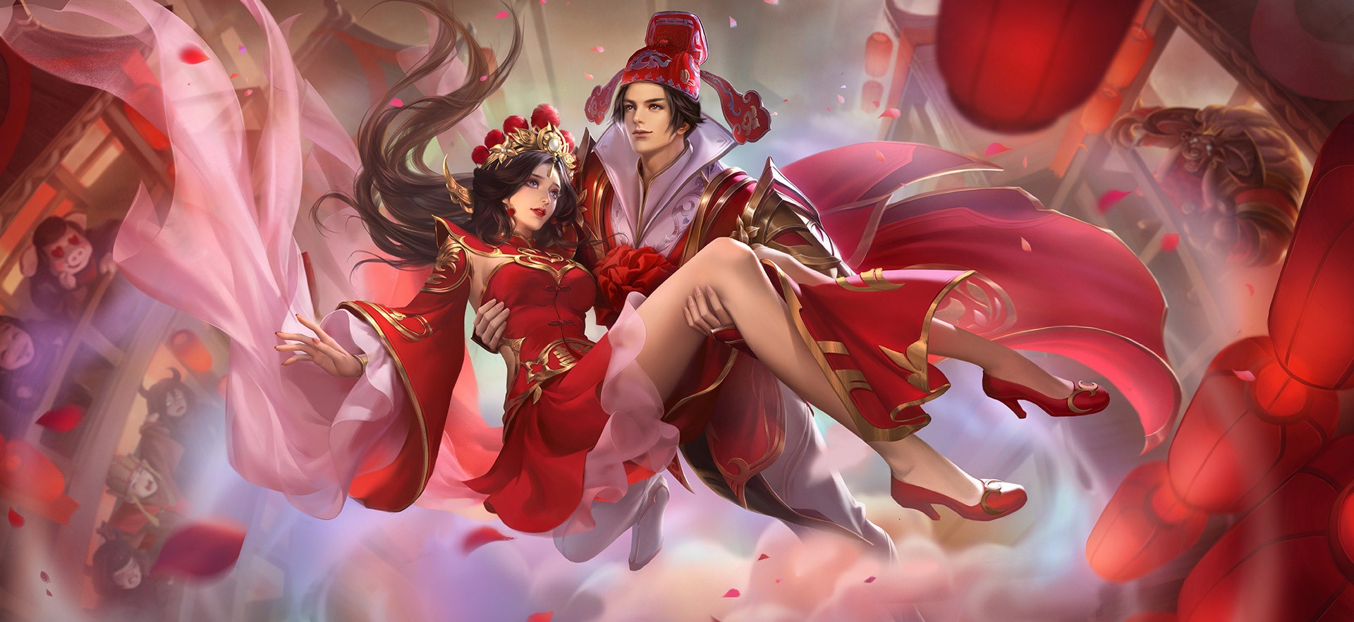 Couple in red traditional Chinese wedding attire HD Wallpaper