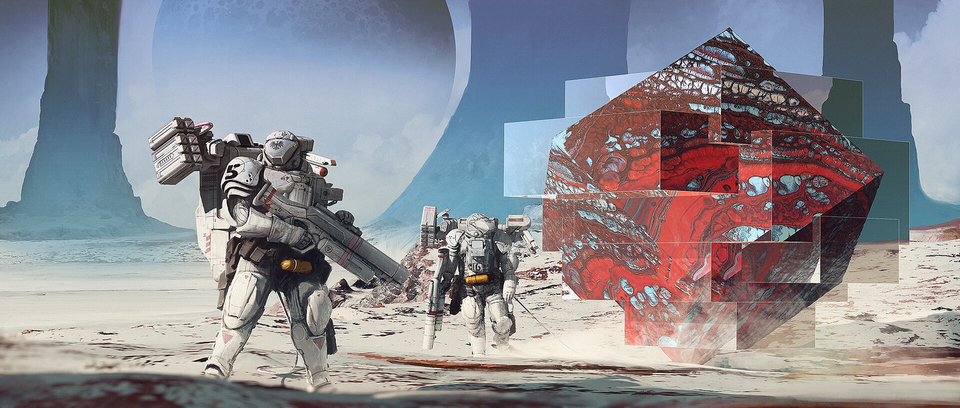 Futuristic astronauts on a desolate planet with a strange artifact HD Wallpaper
