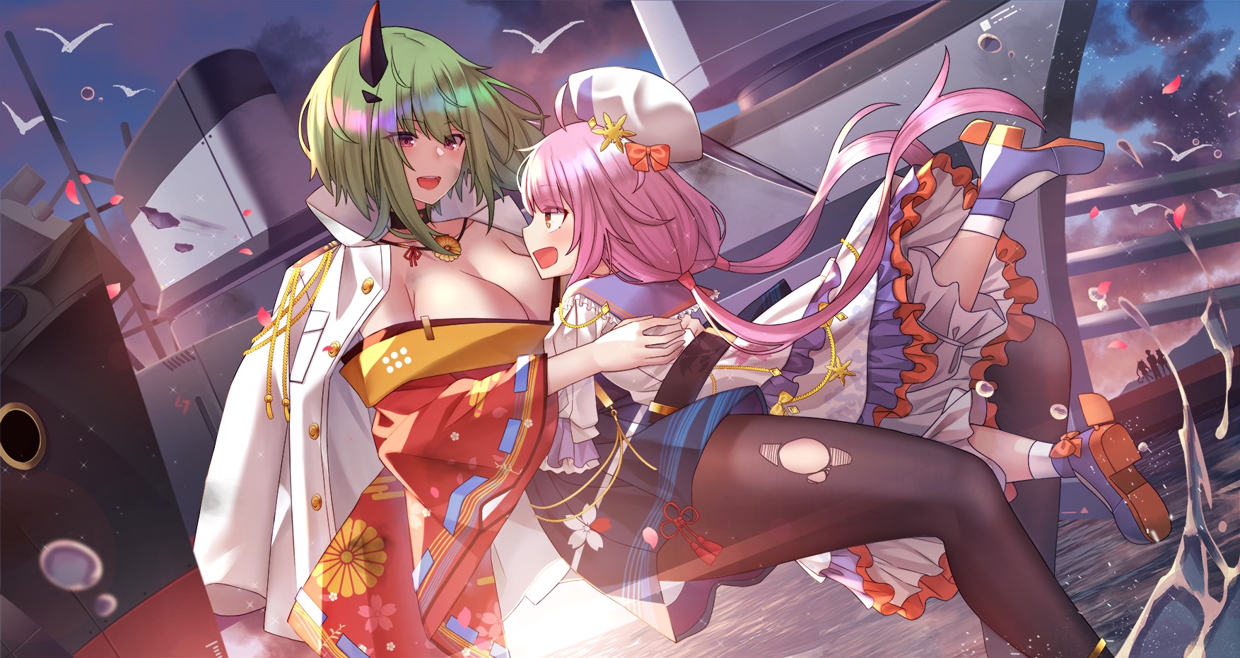 Two anime girls in kimonos on a ship HD Wallpaper