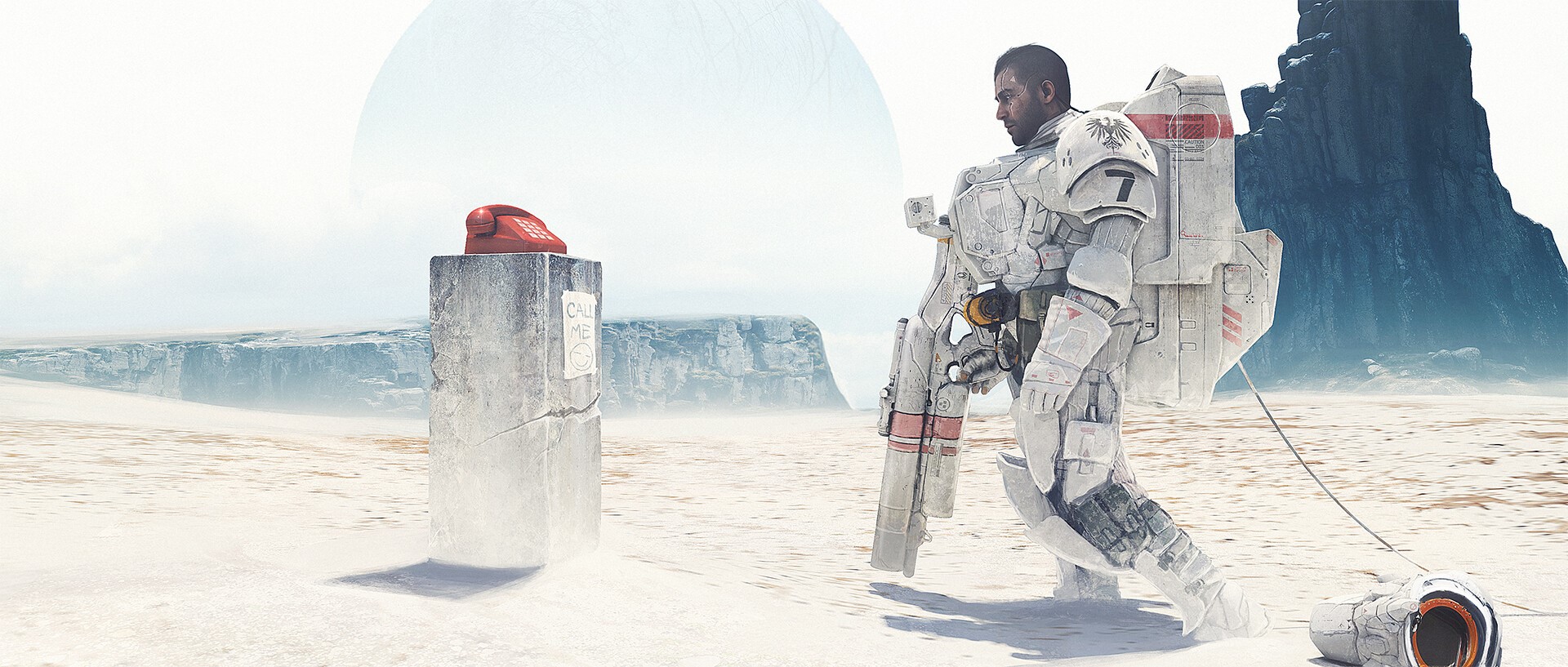 Astronaut in futuristic suit with a red phone HD Wallpaper