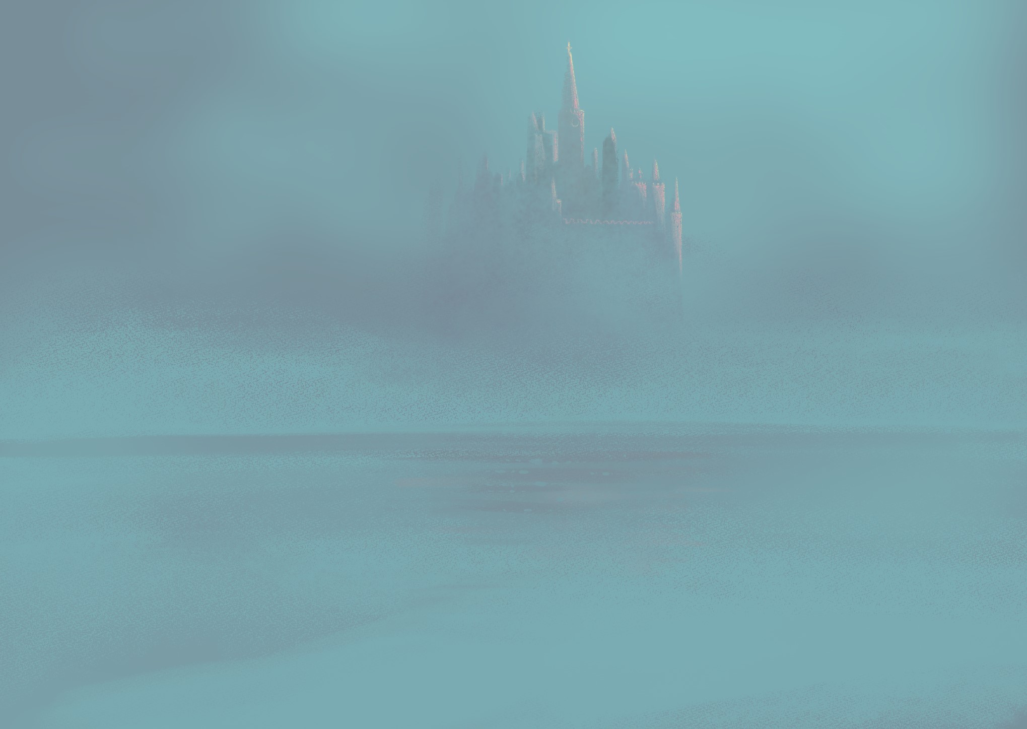 Castle in the mist over water HD Wallpaper