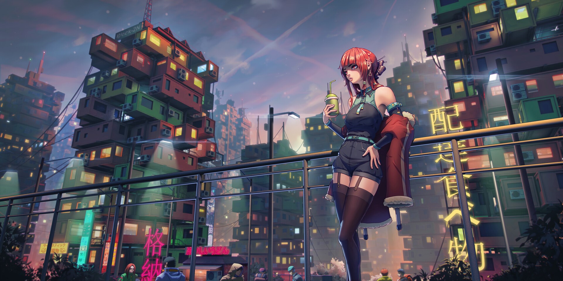 Anime girl with red hair in a futuristic cityscape HD Wallpaper