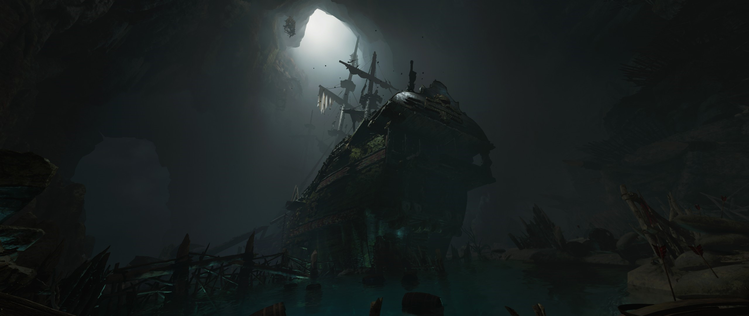 Shipwreck in a dark cave HD Wallpaper