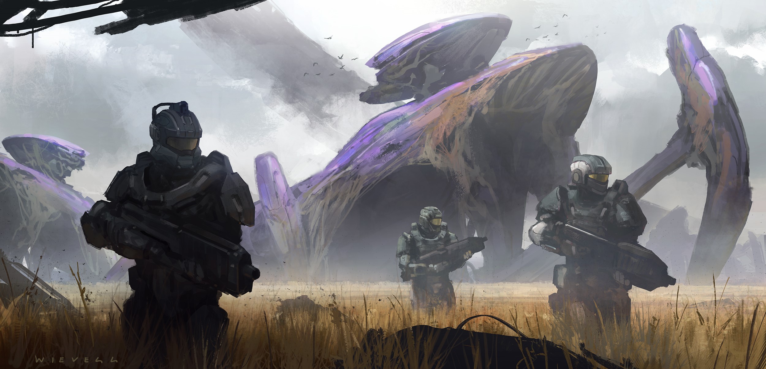 Soldiers in front of alien structures HD Wallpaper