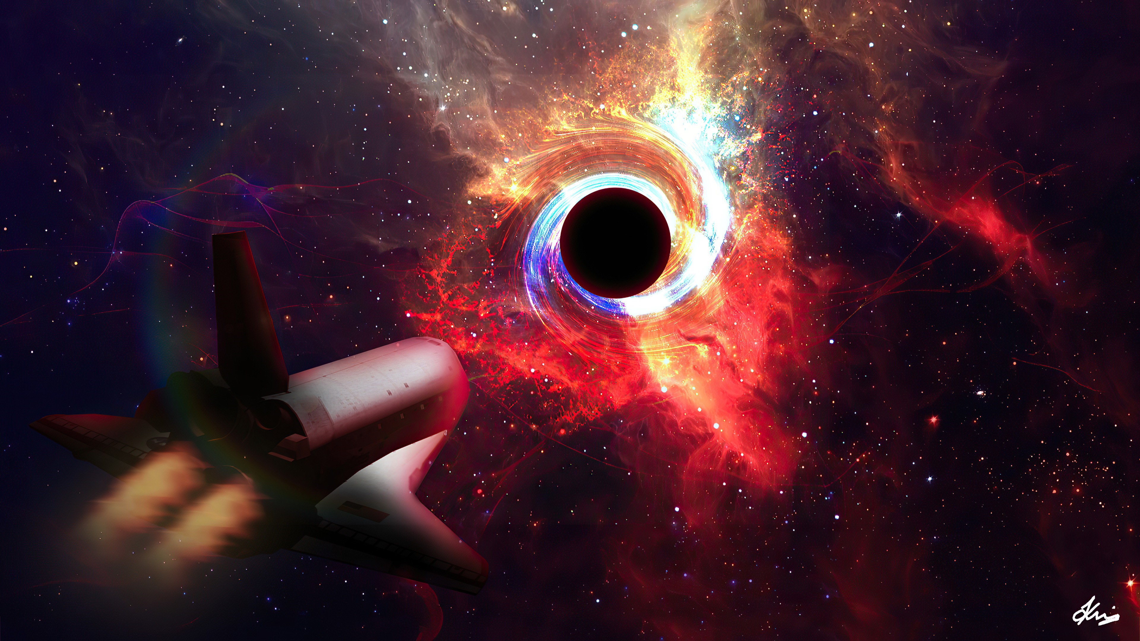 Space shuttle approaching a black hole in a galaxy HD Wallpaper