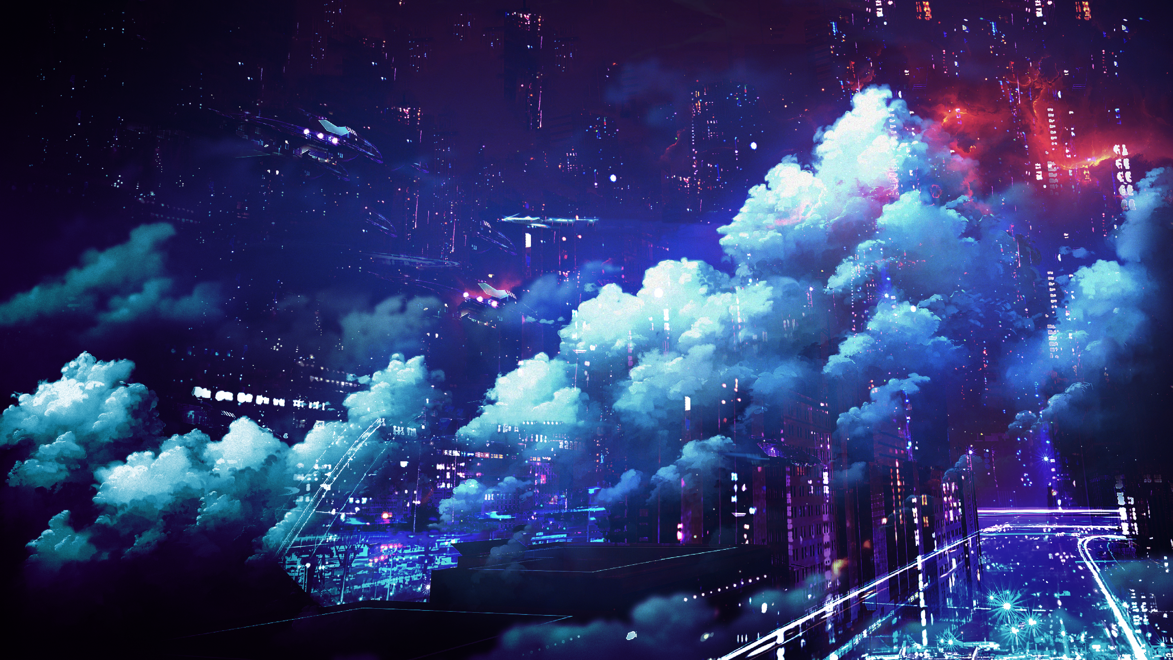 4K Futuristic Neon Cityscape with Clouds HD Wallpaper
