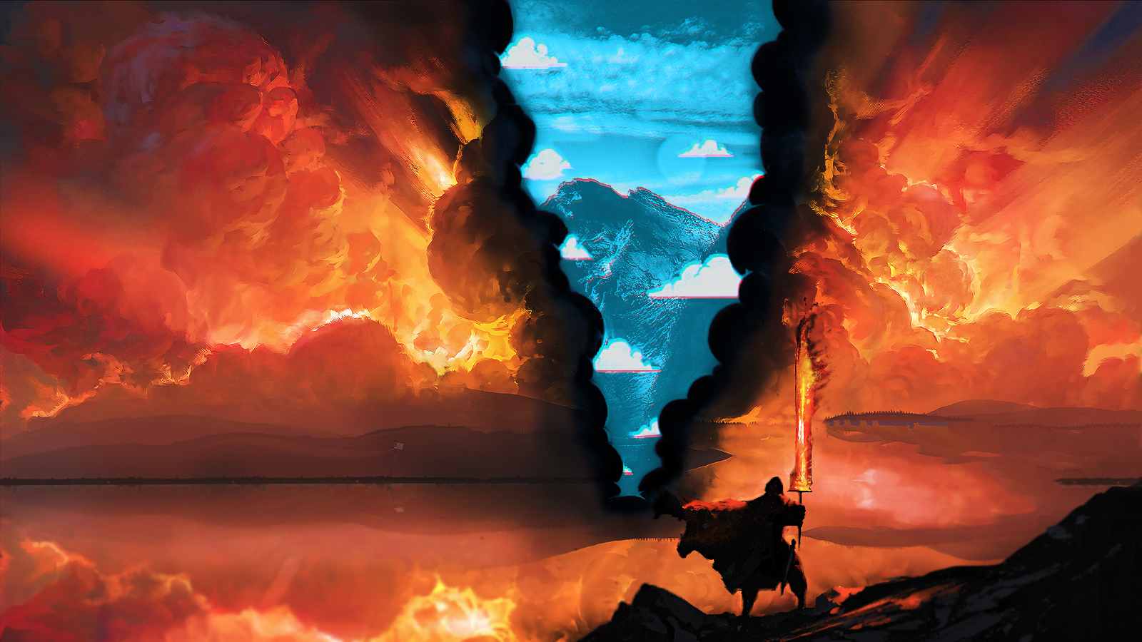 Man with sword in fiery landscape HD Wallpaper