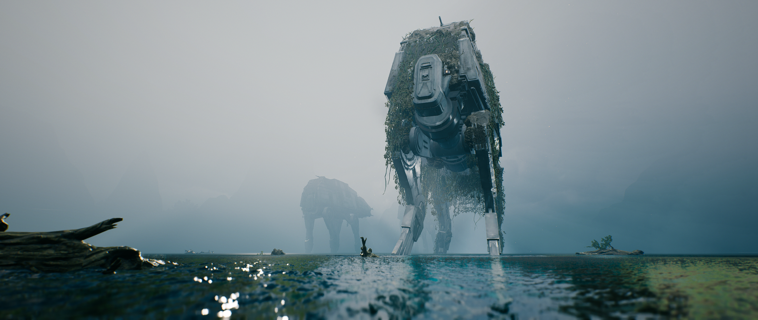 Two AT-AT walkers in a misty swamp, Jedi: Fallen Order HD Wallpaper