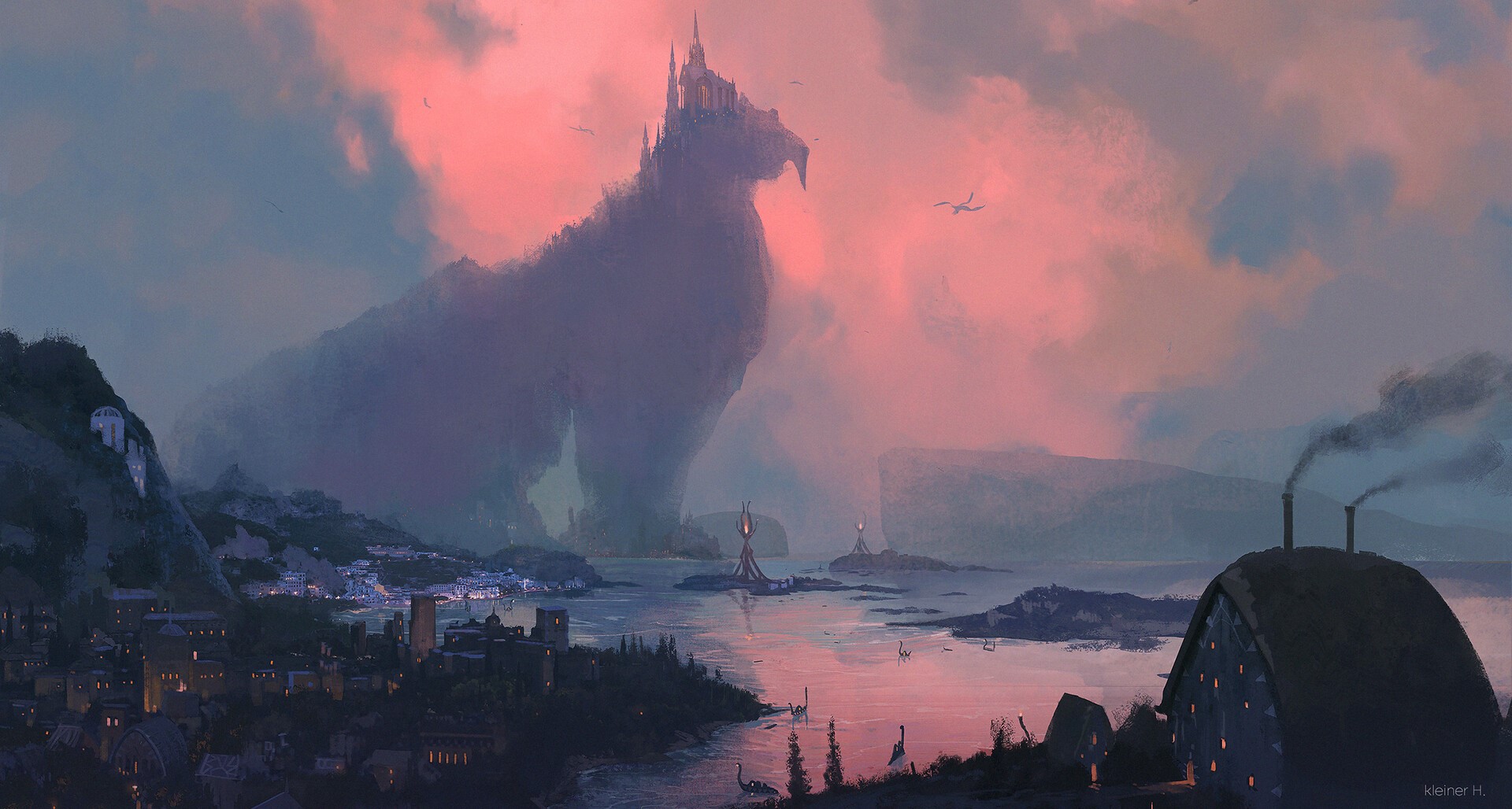 Fantasy castle on a giant creature overlooking a town HD Wallpaper